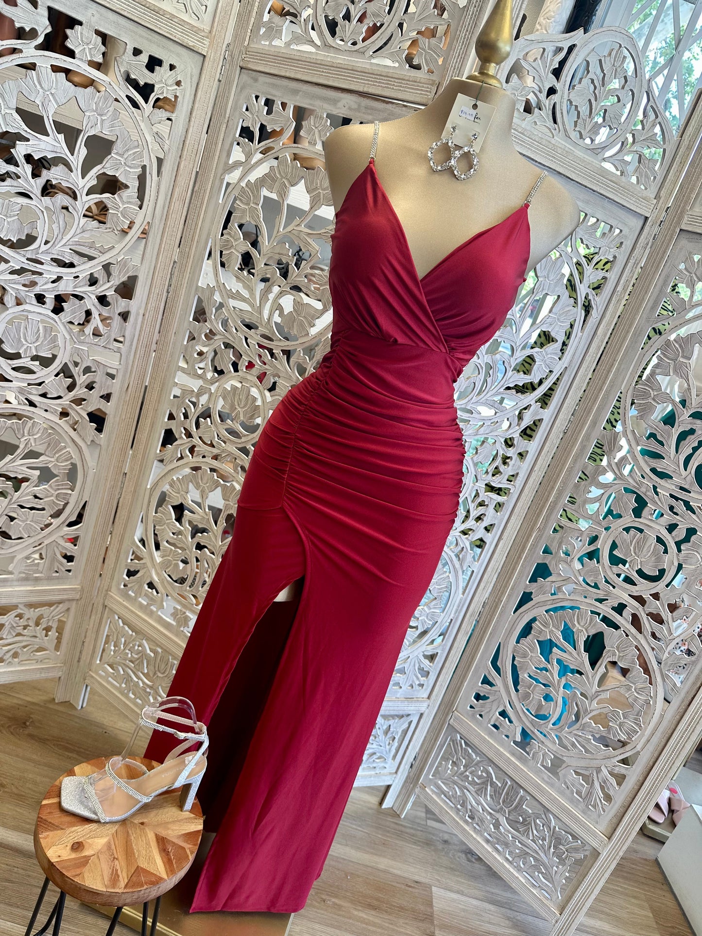 Wine Rhinestone Strap Dress