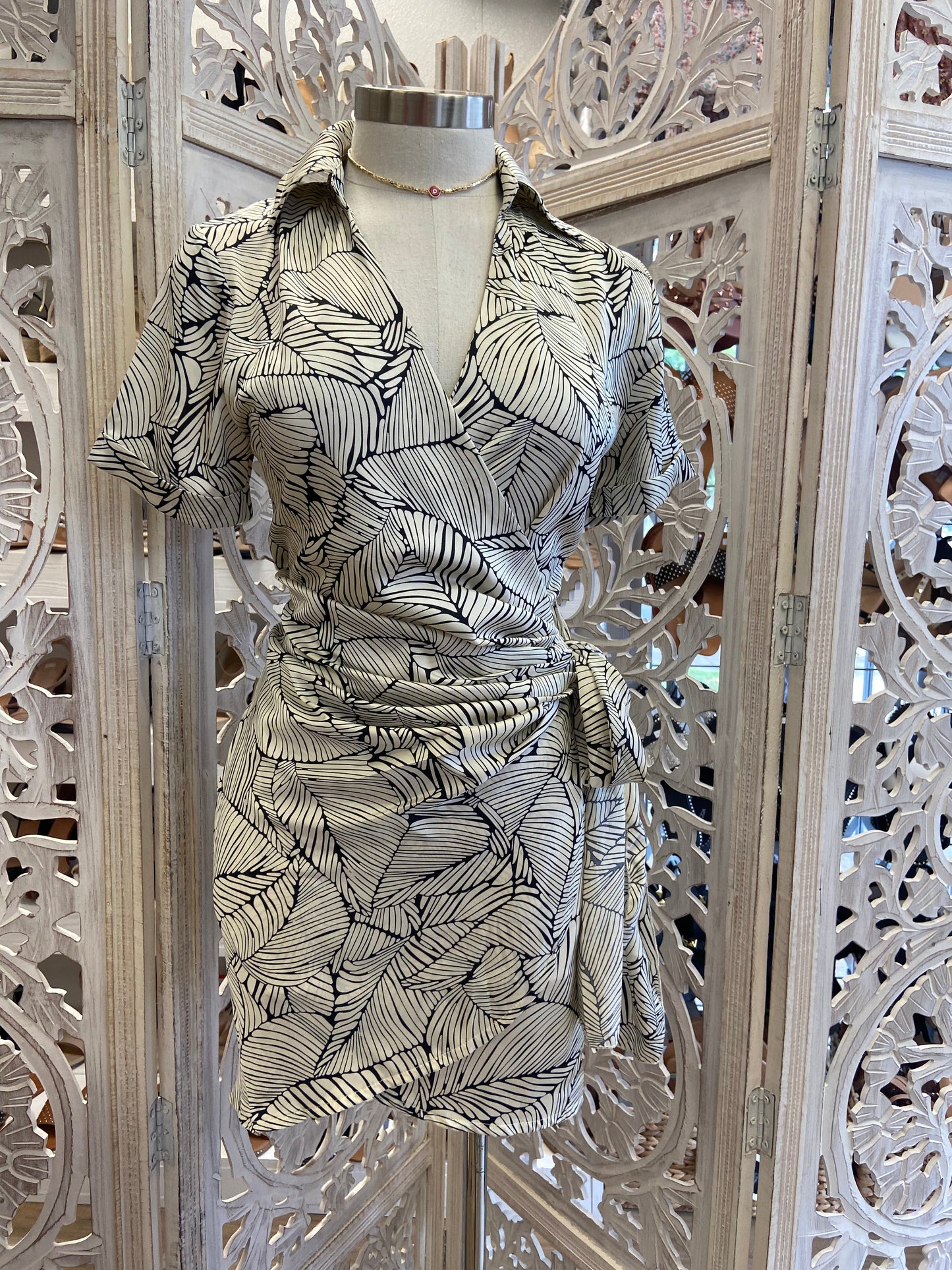 Ivory Wrapped Collard Print Dress