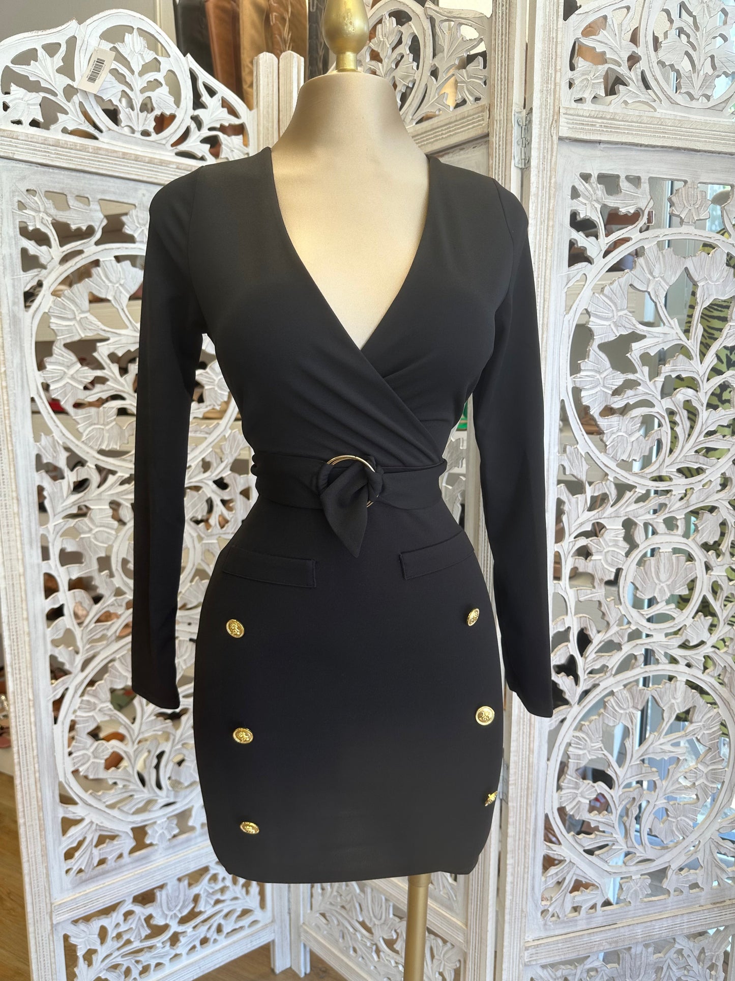 Black Wrapped Button Detail Dress