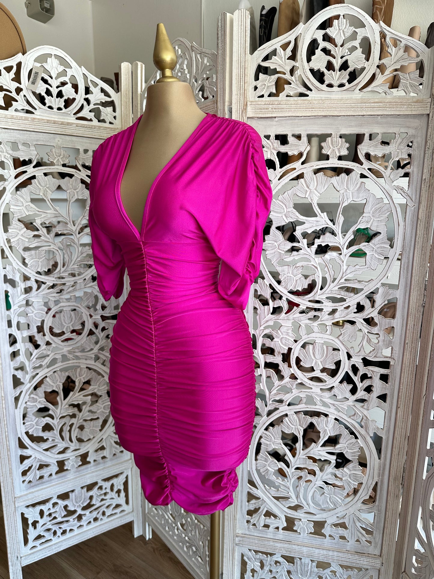 Pink Ruched V neck Dress