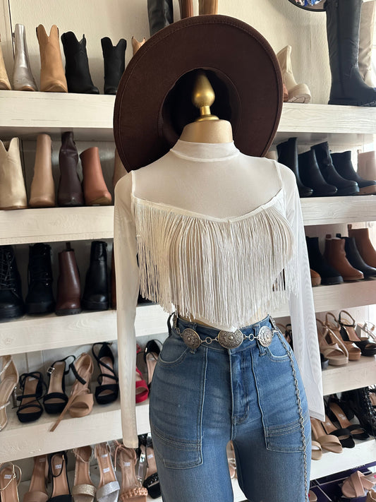 Mesh White Fringe Top