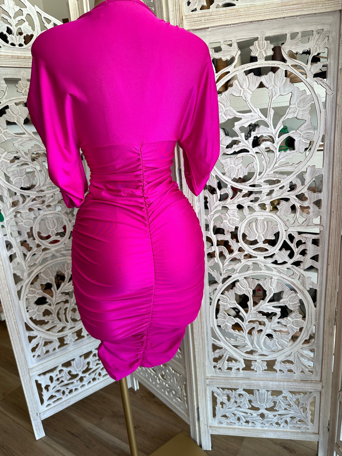 Pink Ruched V neck Dress