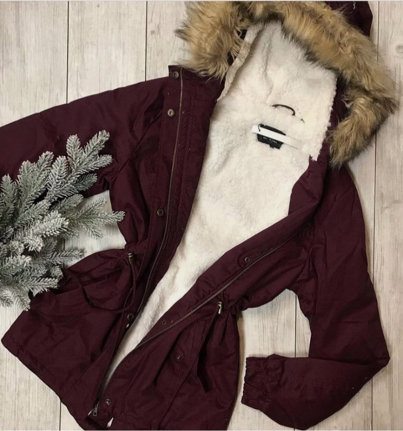 Faux Fur Lined Jacket- Burgundy