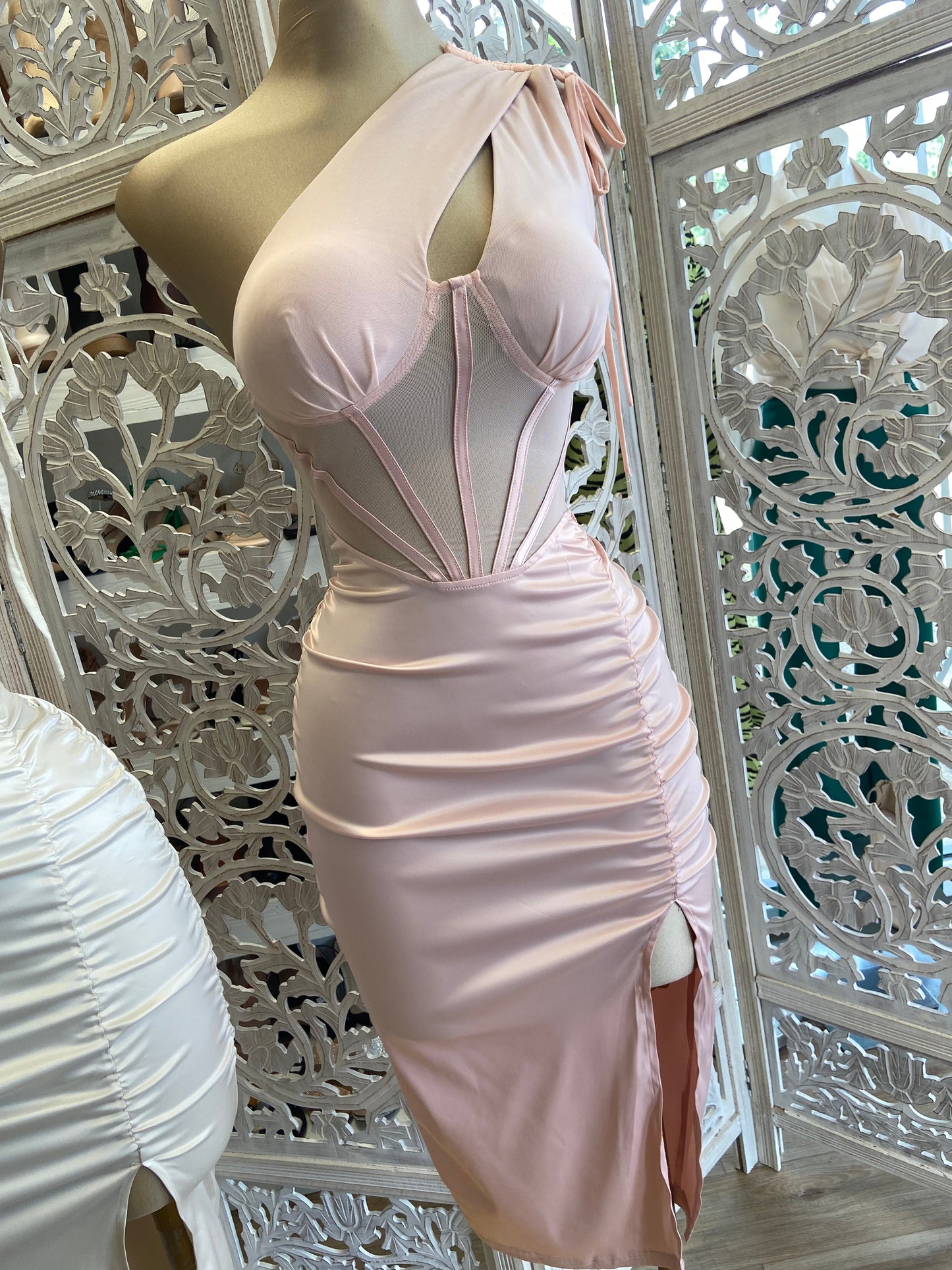 Baby Pink Satin Midi Cutout Dress