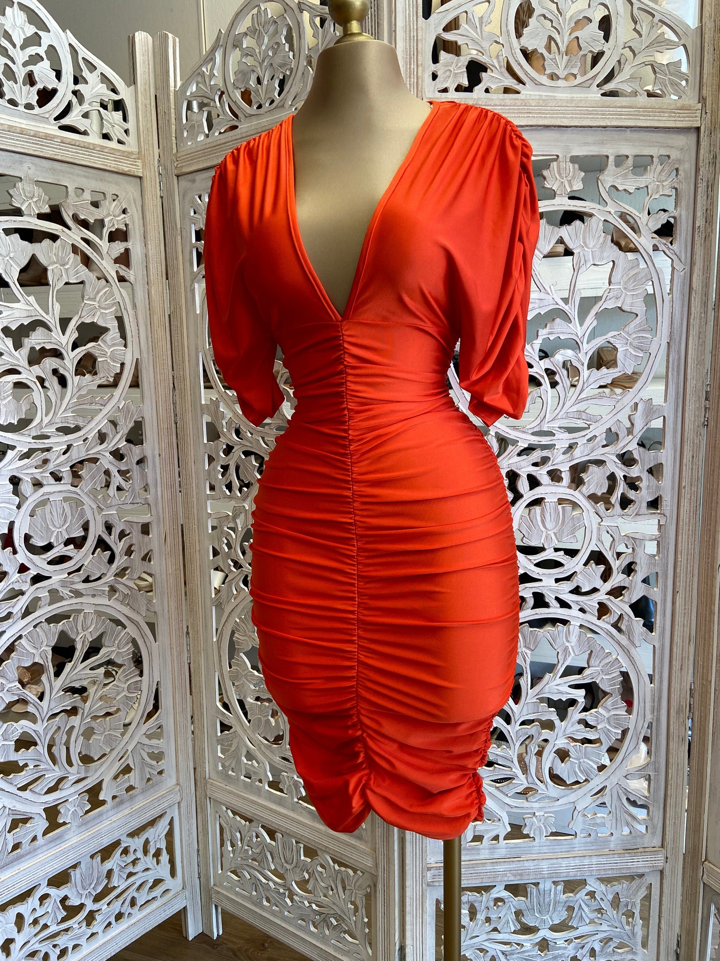 Orange Ruched V neck Dress