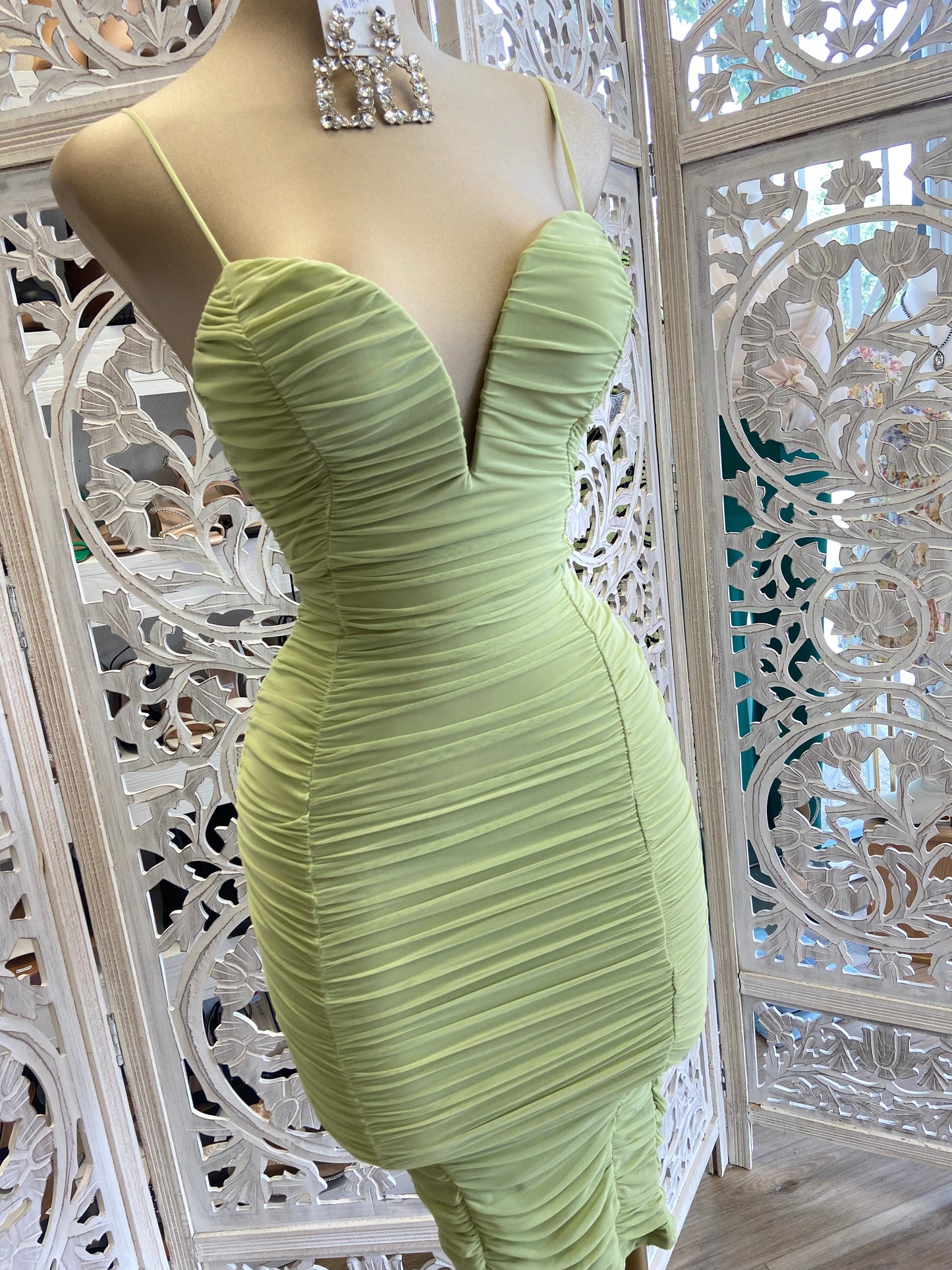 Pistachio V Ruched Bodycon Dress