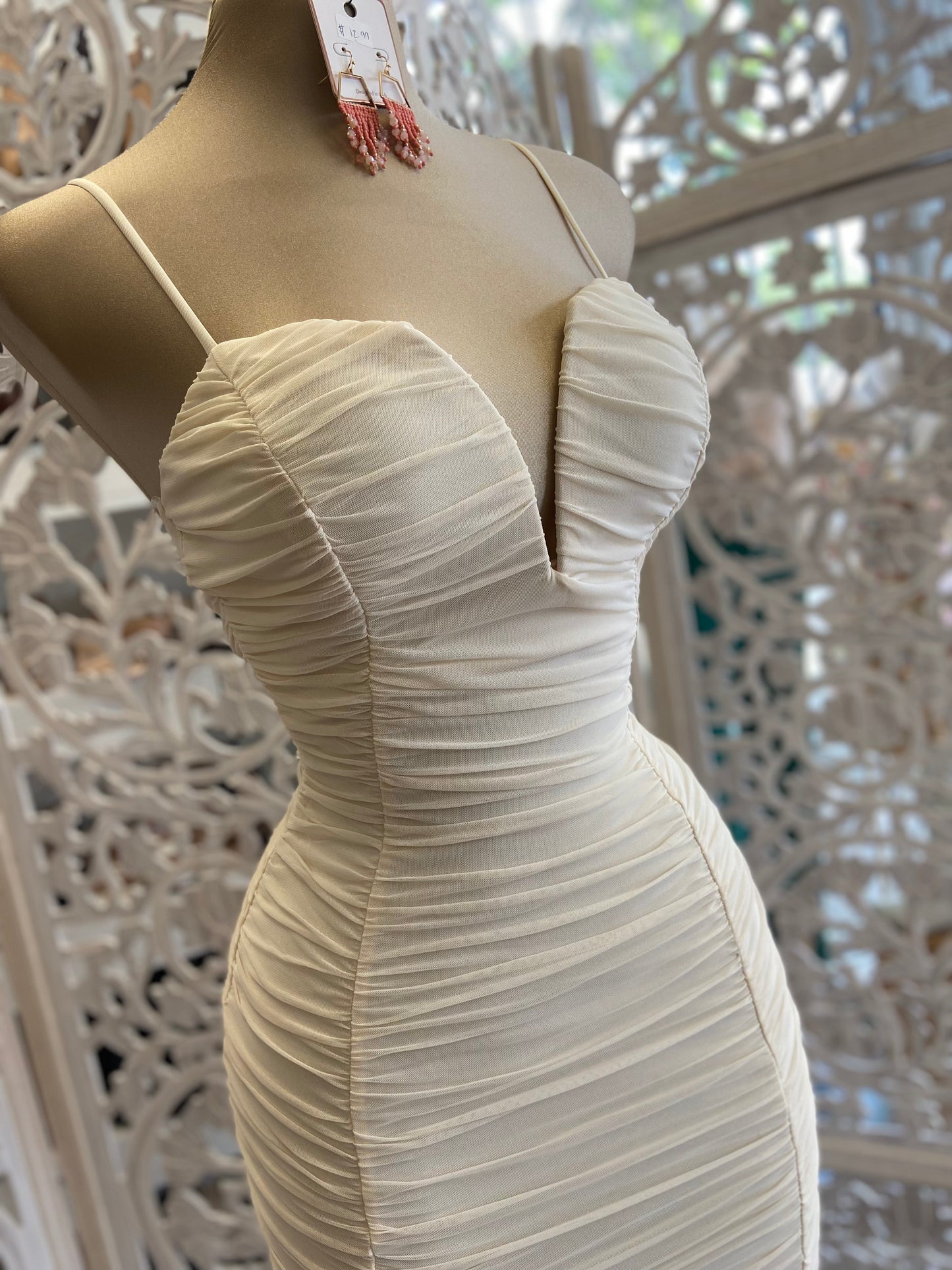 Ivory V Ruched Bodycon Dress