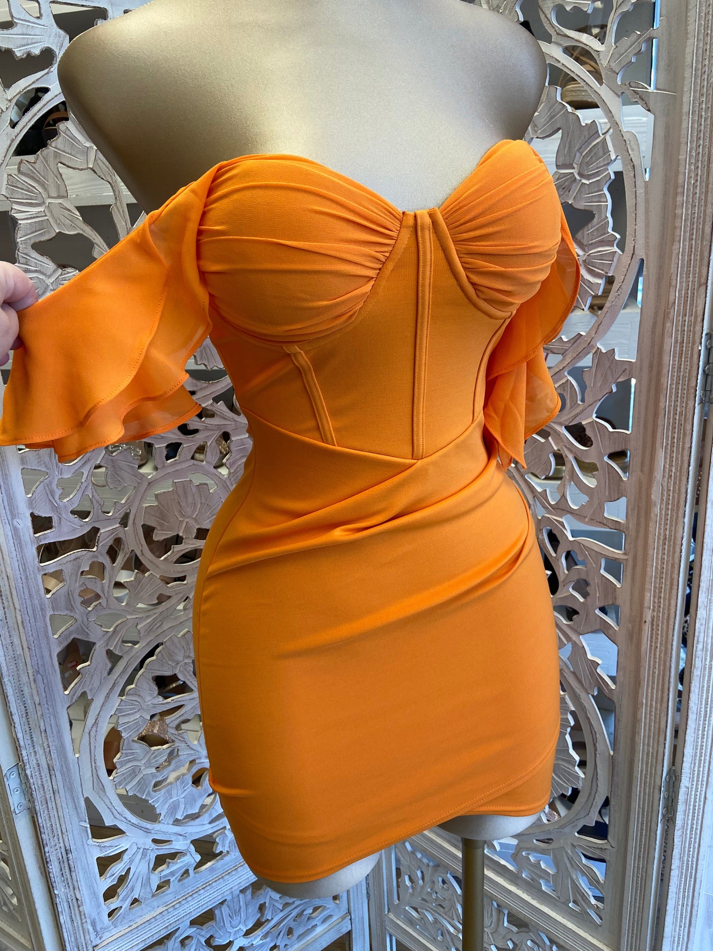 Orange Ruffle Sleeve Mini Dress