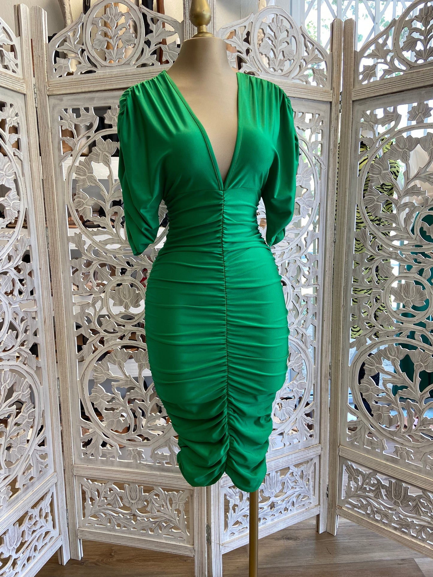 Green Ruched V neck Dress