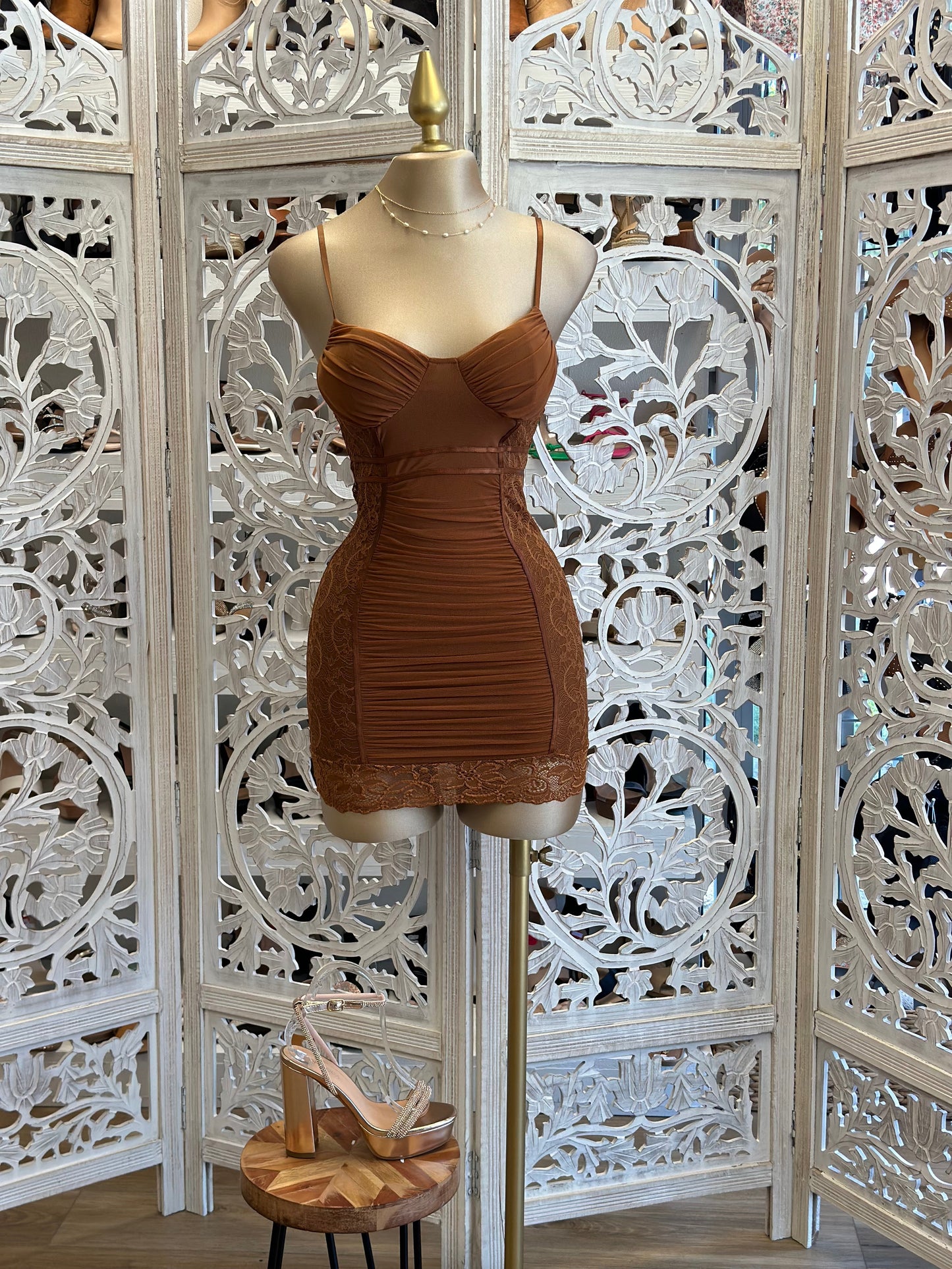 Cognac Lace Trim Mini Dress