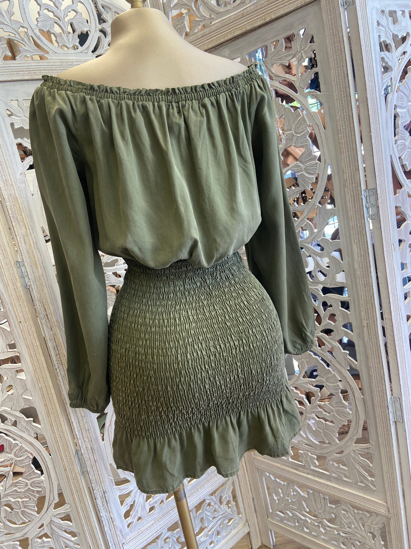 Olive Smocked Off Shoulder Dress