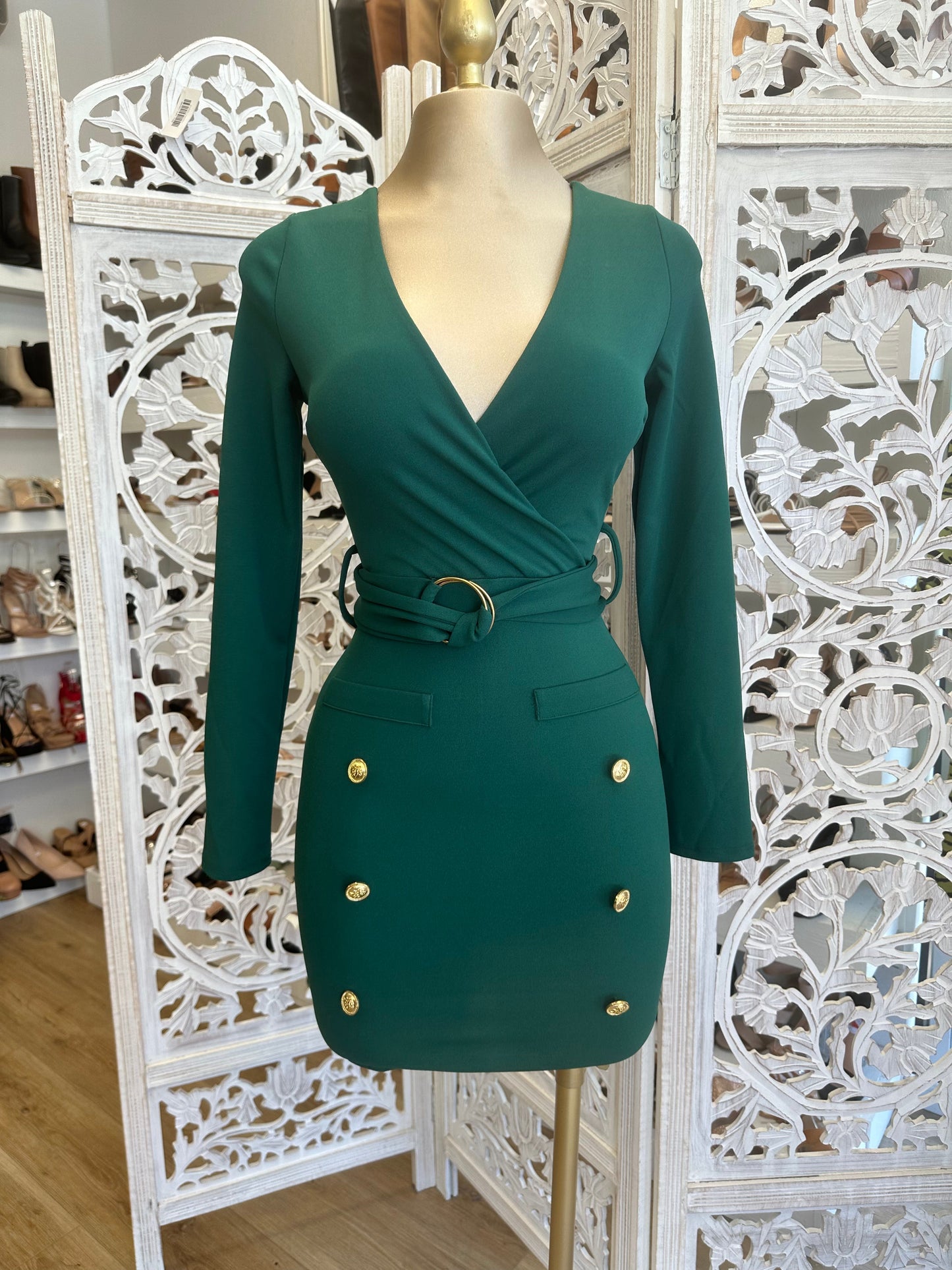 Green Wrapped Button Detail Dress