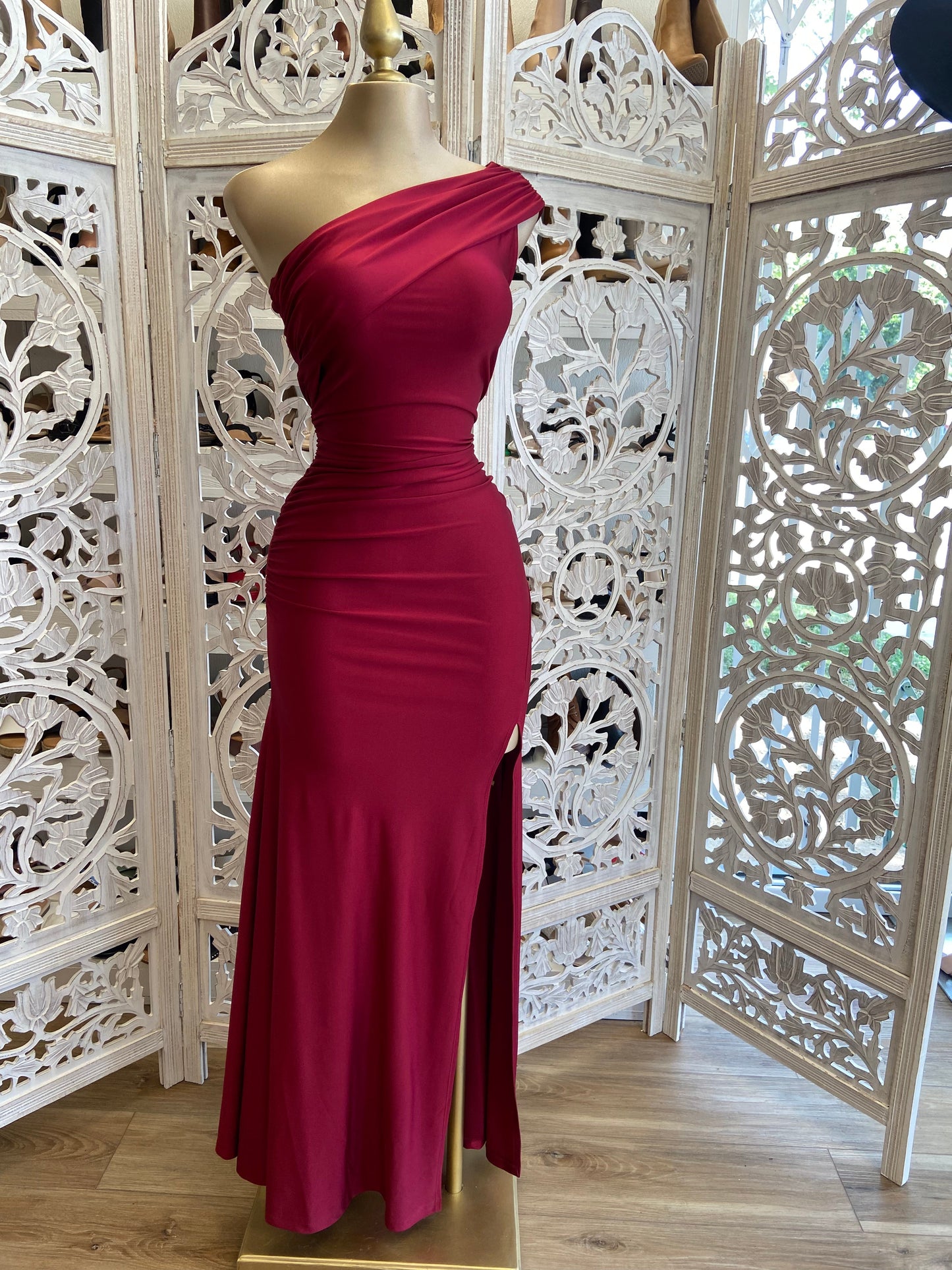 Wine One Sleeve Formal Dress