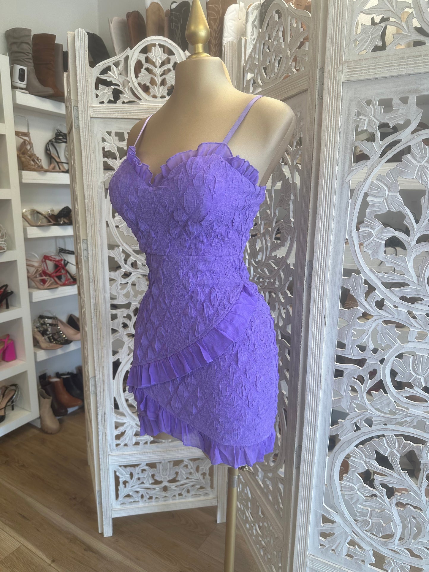 Purple Diamond Pattern Ruffle Dress