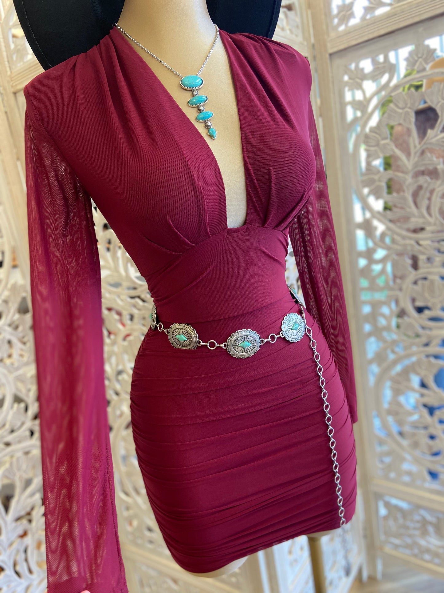 Deep V Burgundy Mini Dress