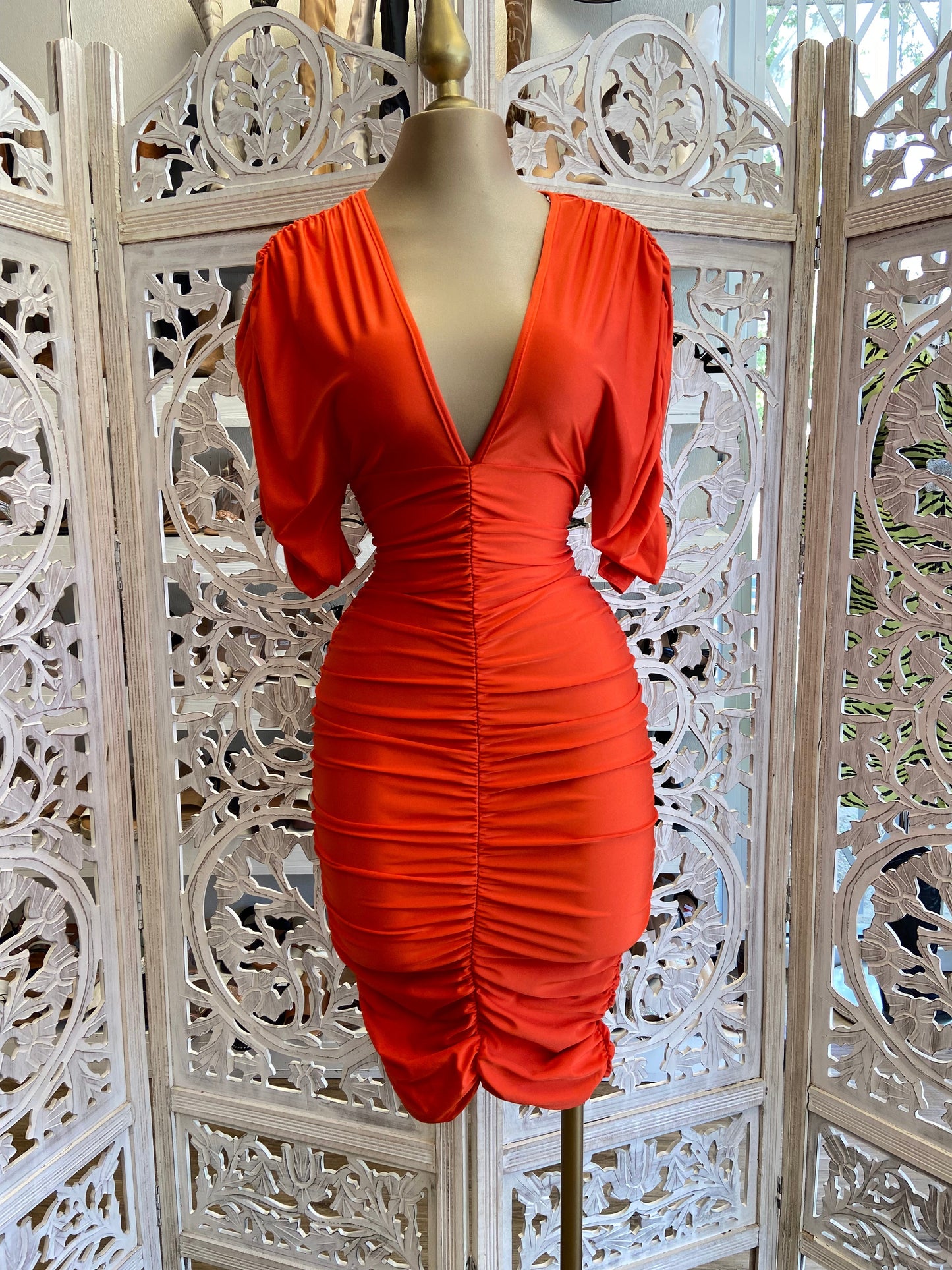 Orange Ruched V neck Dress