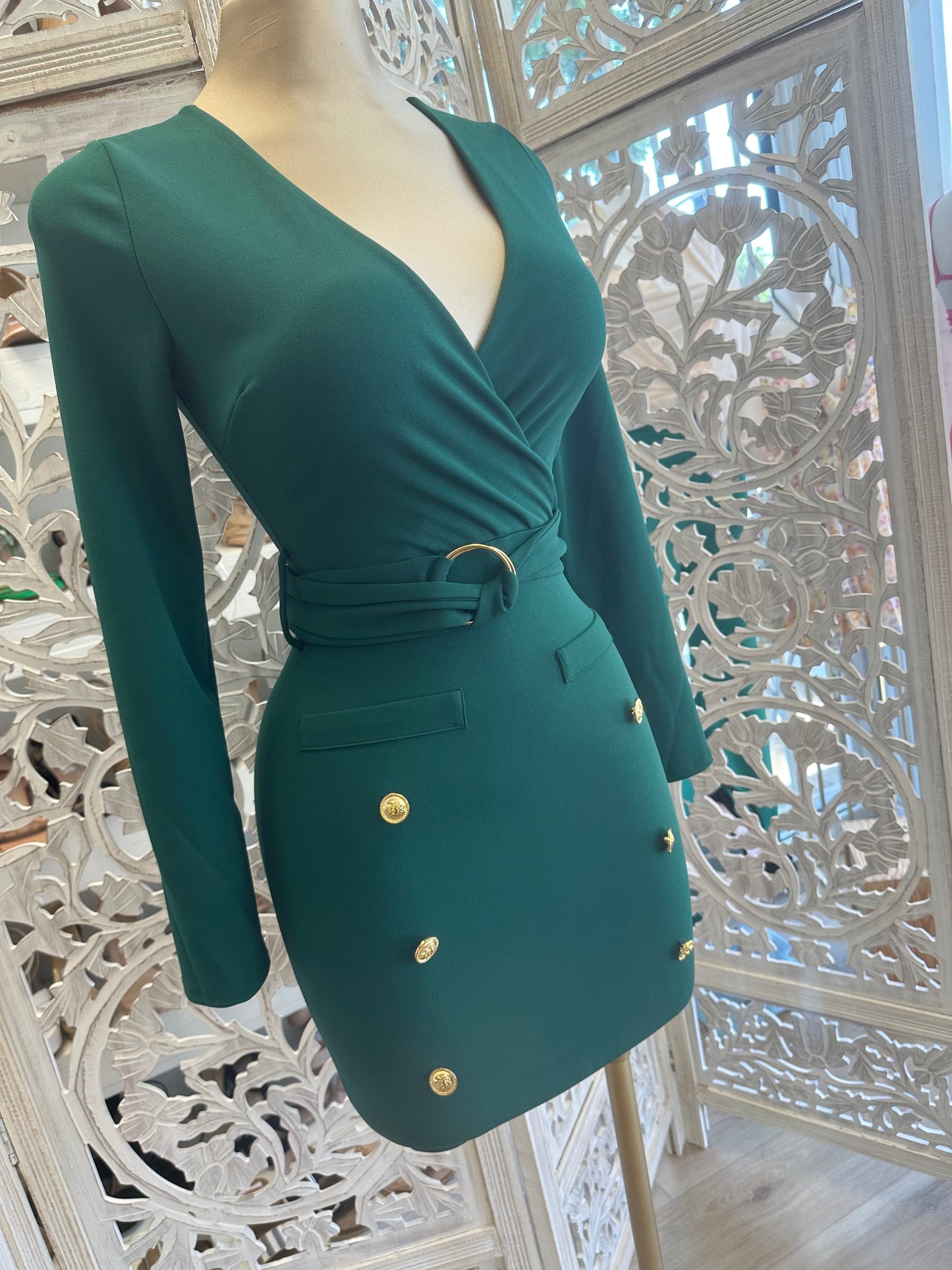 Green Wrapped Button Detail Dress