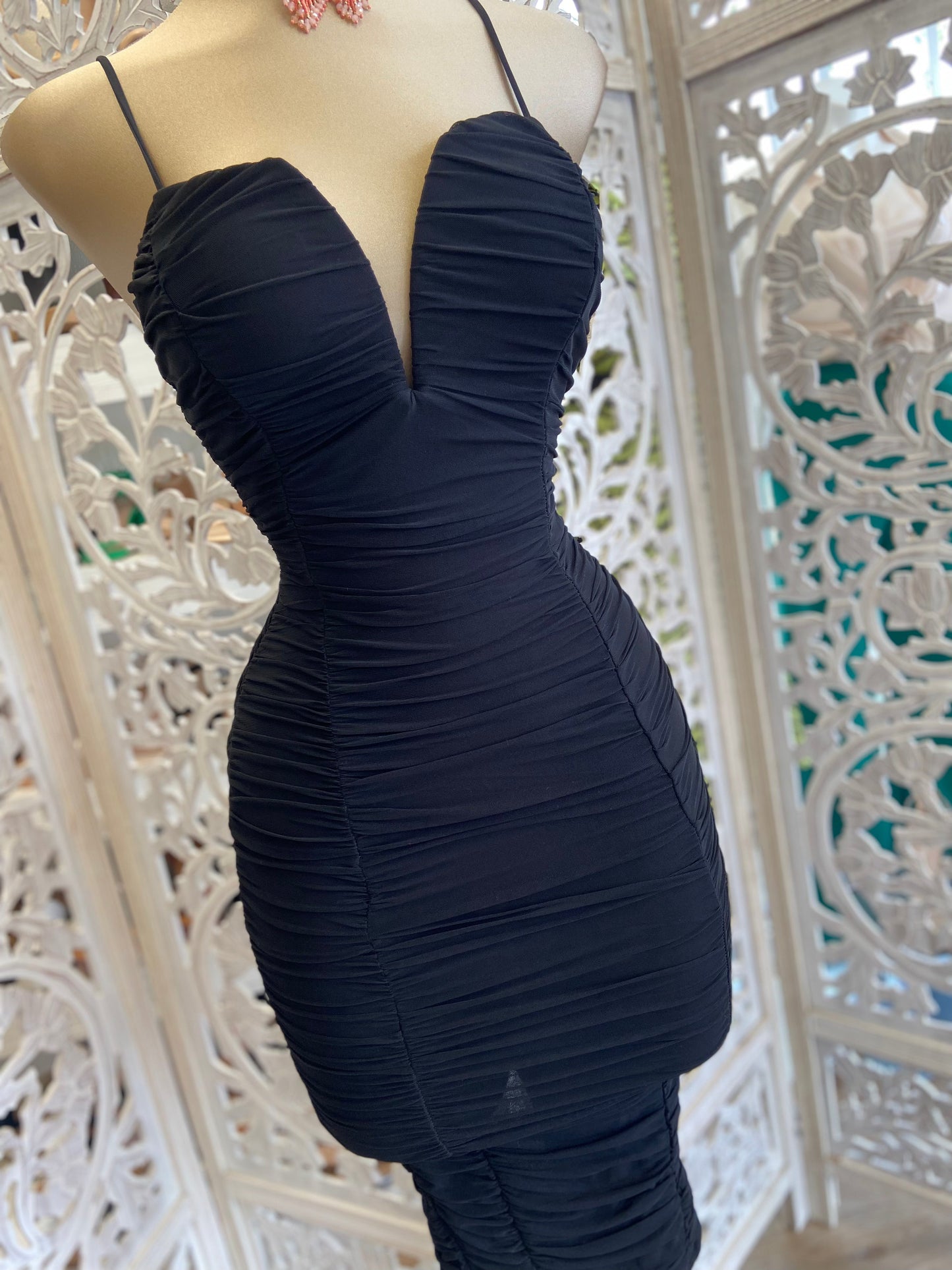 Black V Ruched Bodycon Dress