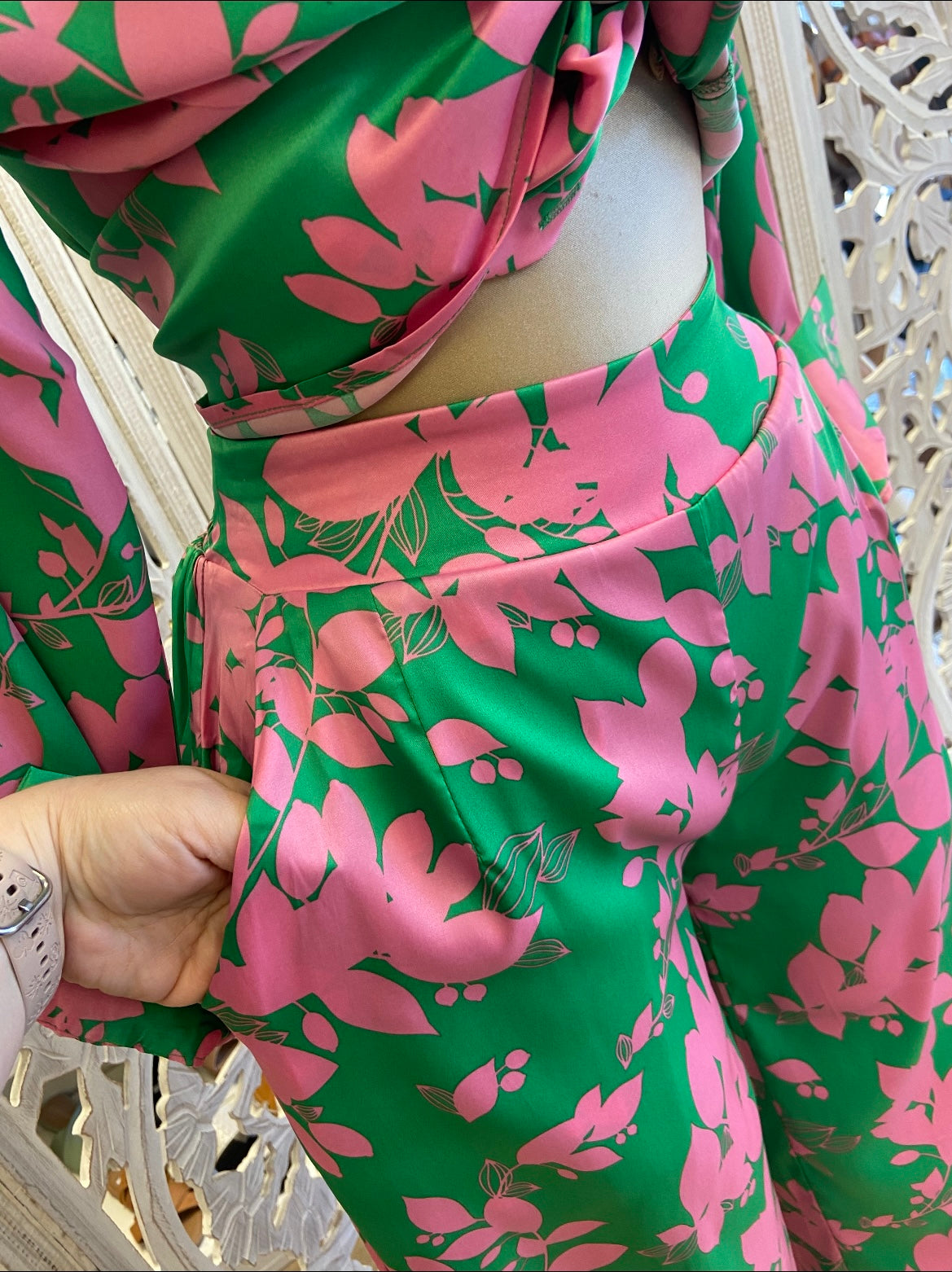 Satin Floral Pink and Green Set