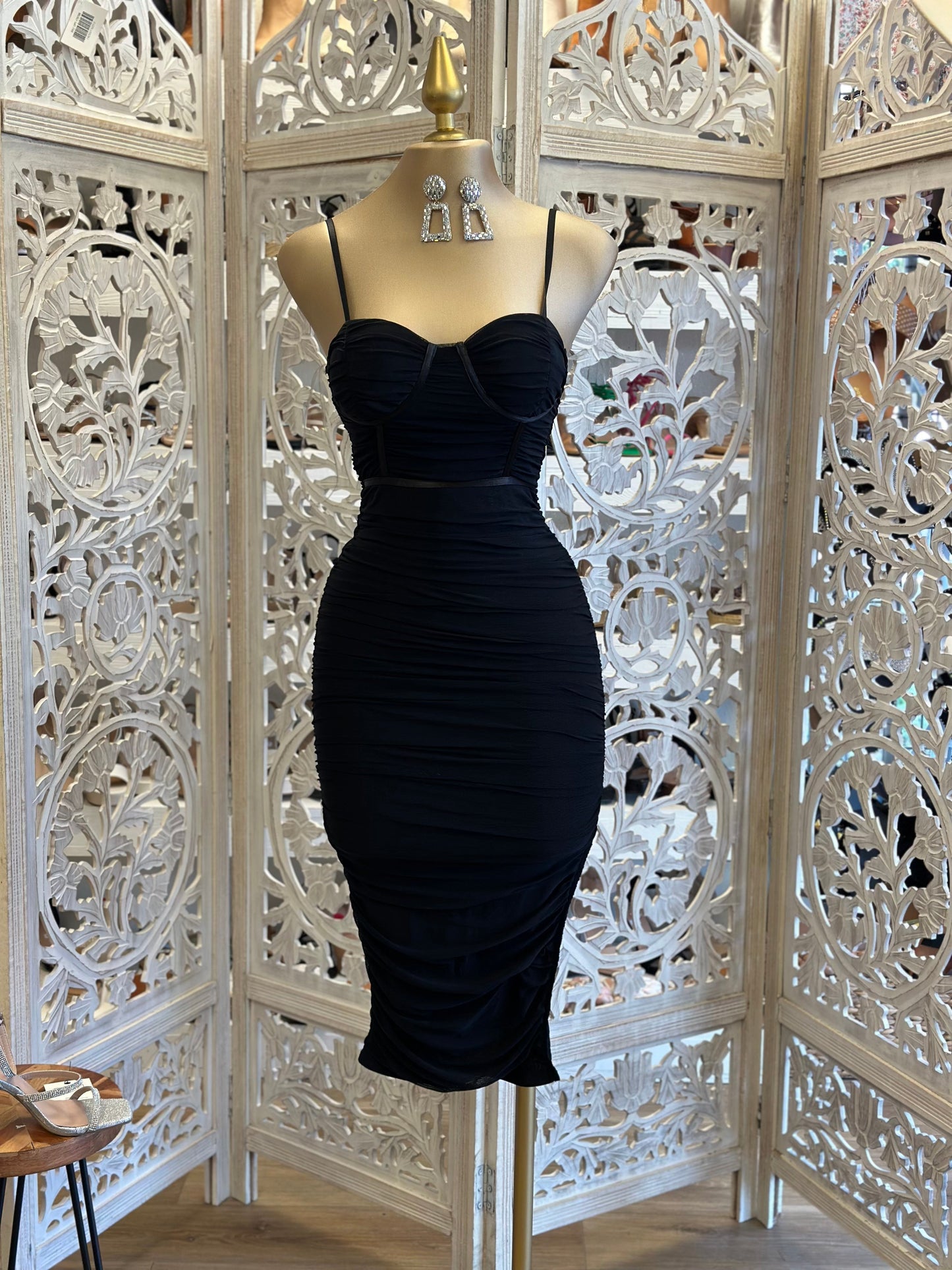 Black Satin Trim Midi Dress