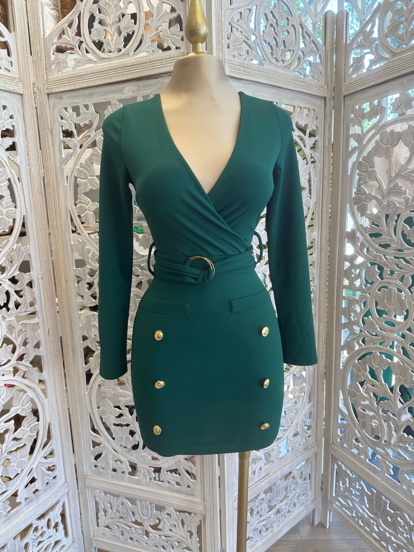 Green Wrapped Button Detail Dress