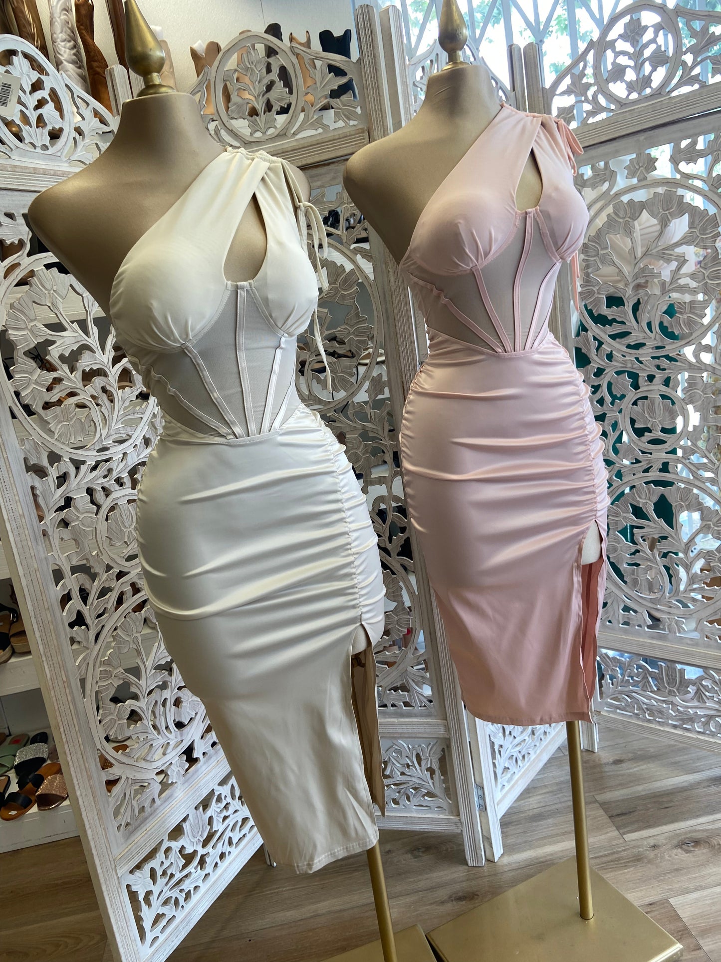 Baby Pink Satin Midi Cutout Dress