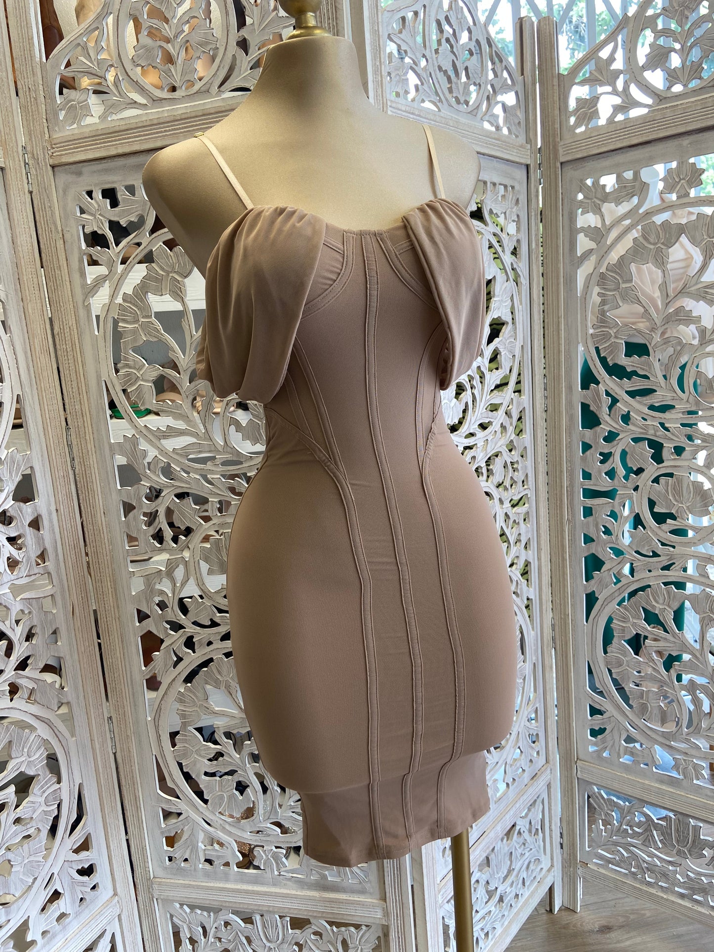 Nude Lined Off Shoulder Dress