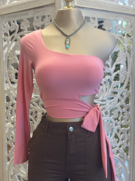 Pink One Sleeve Cutout Crop