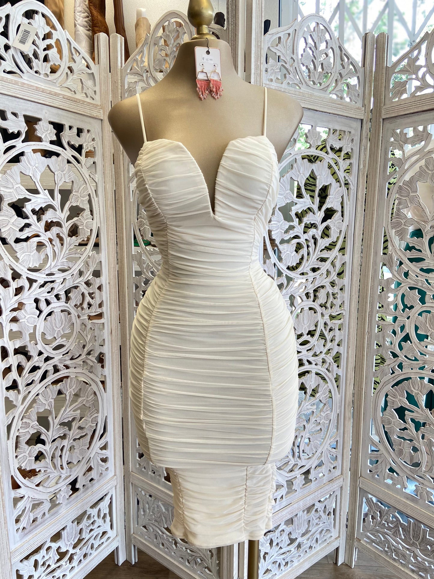 Ivory V Ruched Bodycon Dress