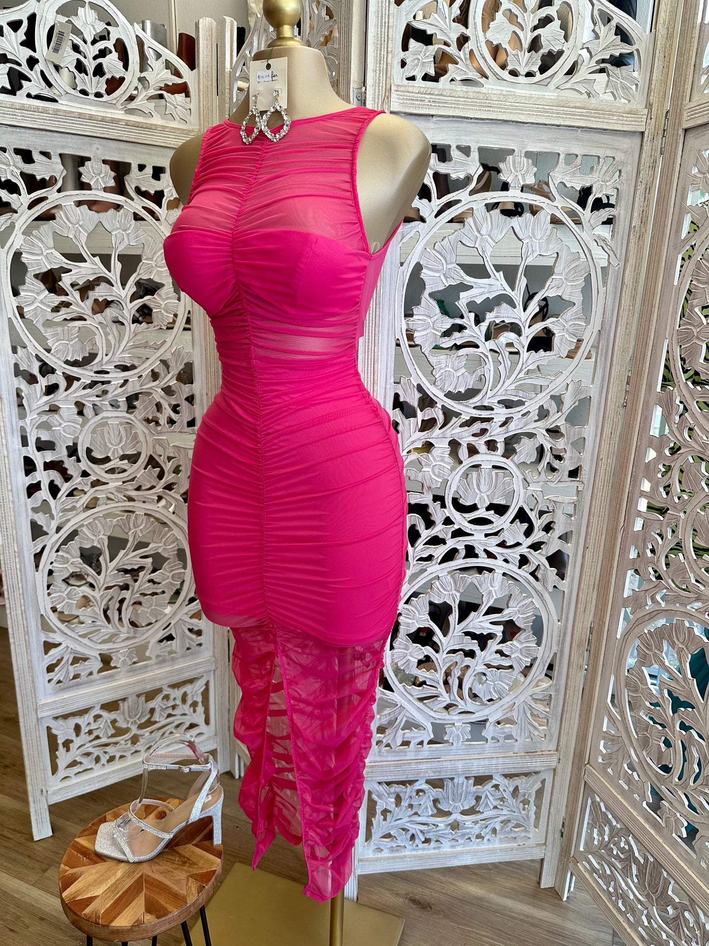 Pink Ruched Mesh Dress