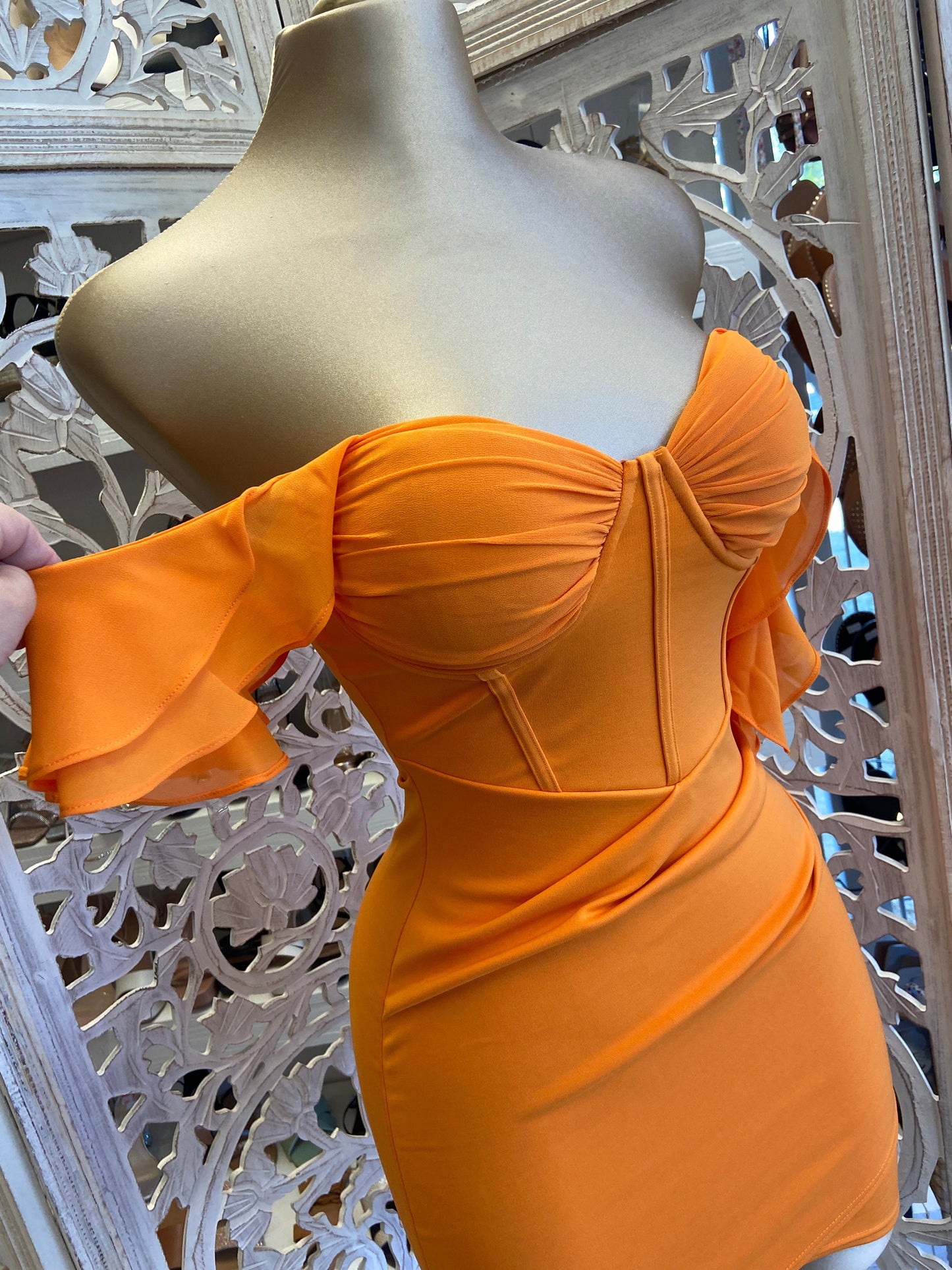 Orange Ruffle Sleeve Mini Dress