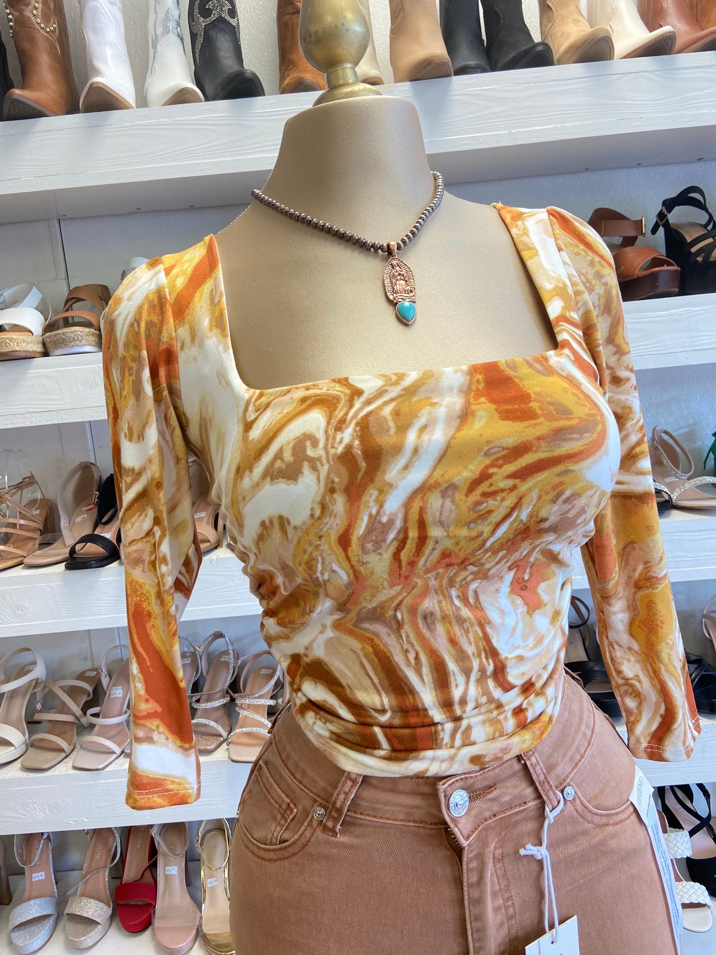 Orange Wave Print Square Top