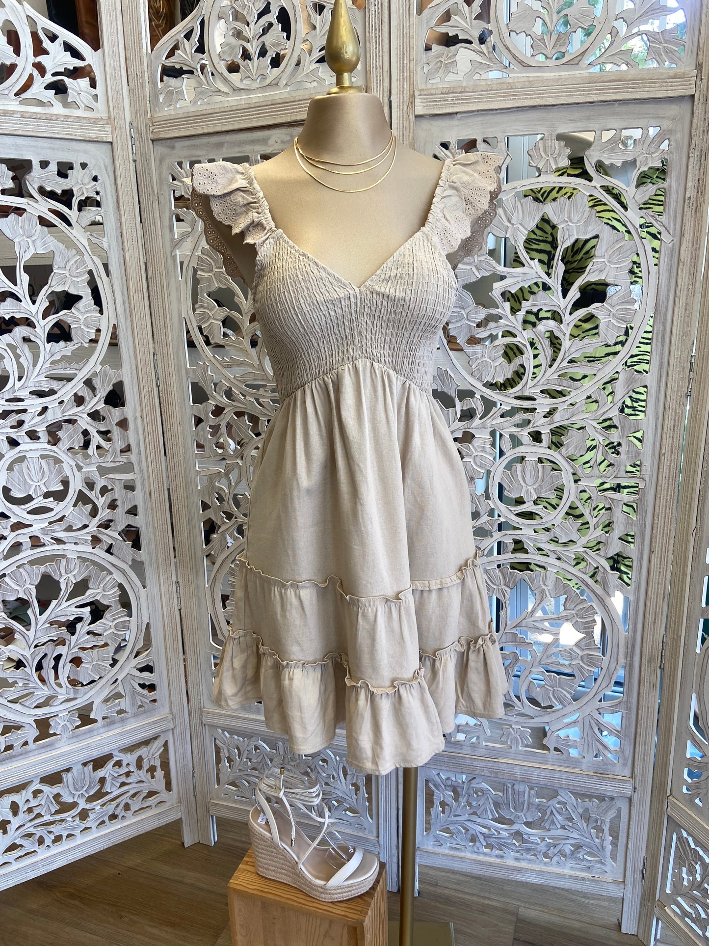 Beige Eyelet Sleeve Dress