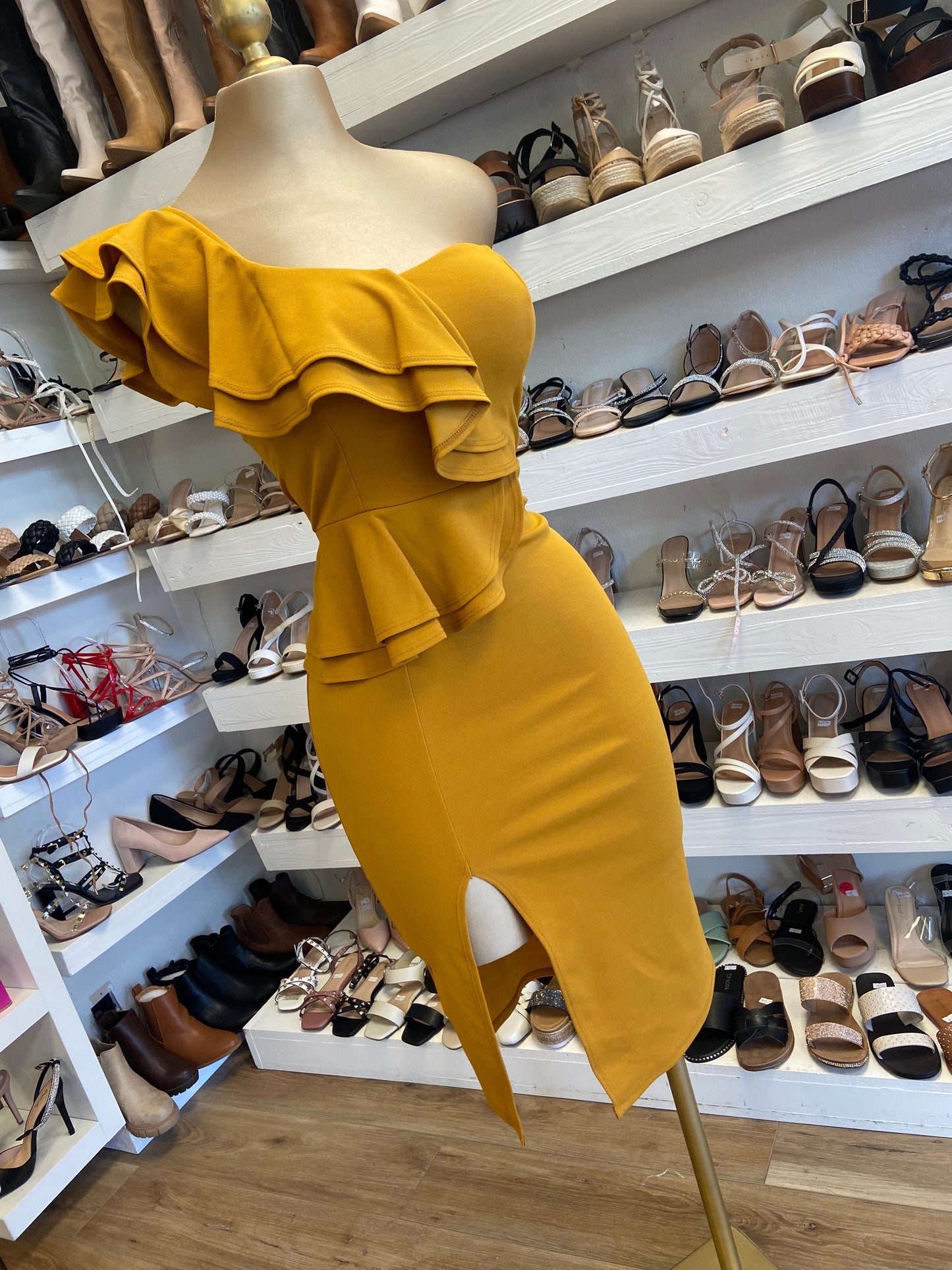 Yellow Ruffle Slit Dress