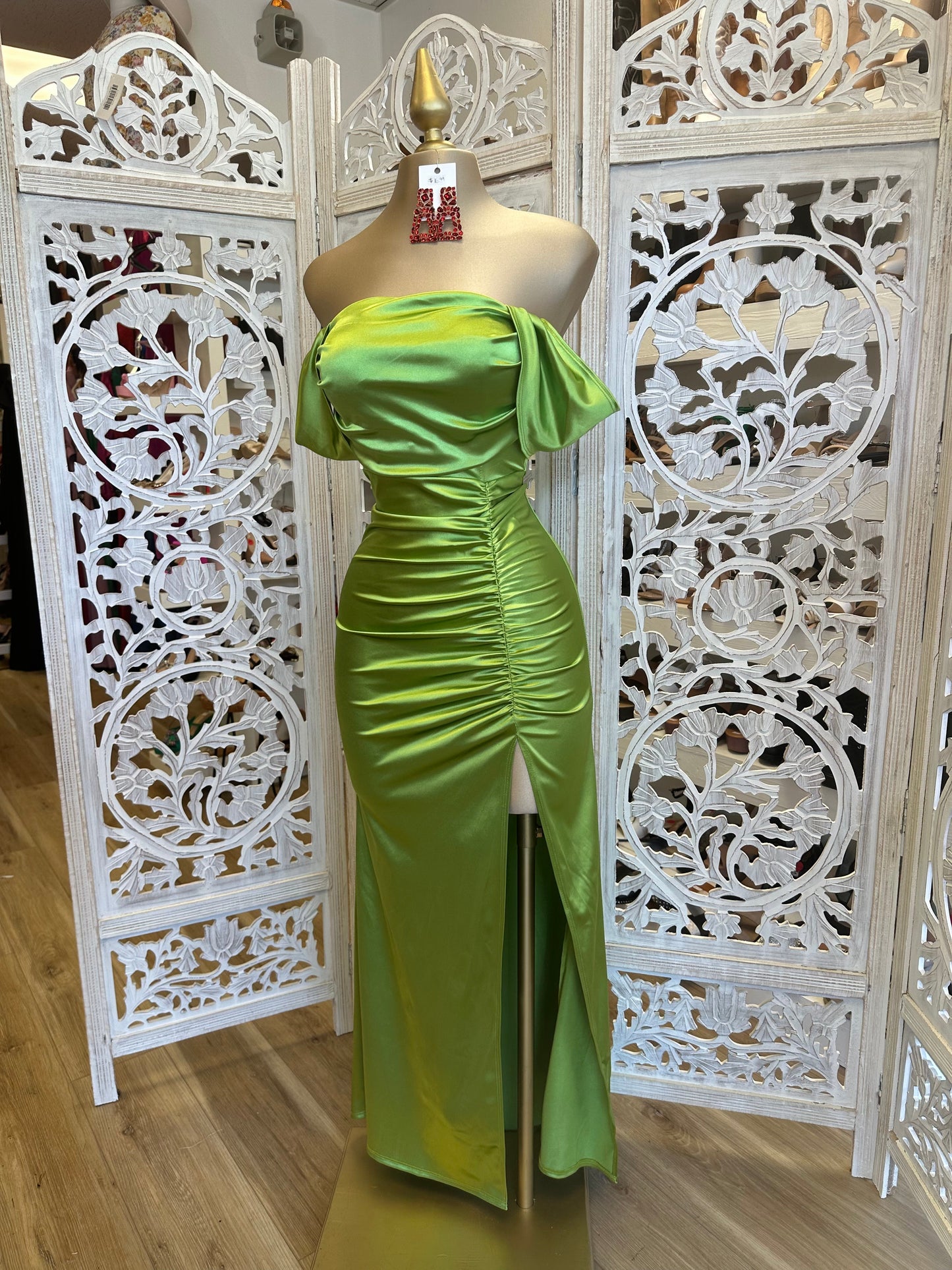 Green Off Shoulder Satin Ruched Dress