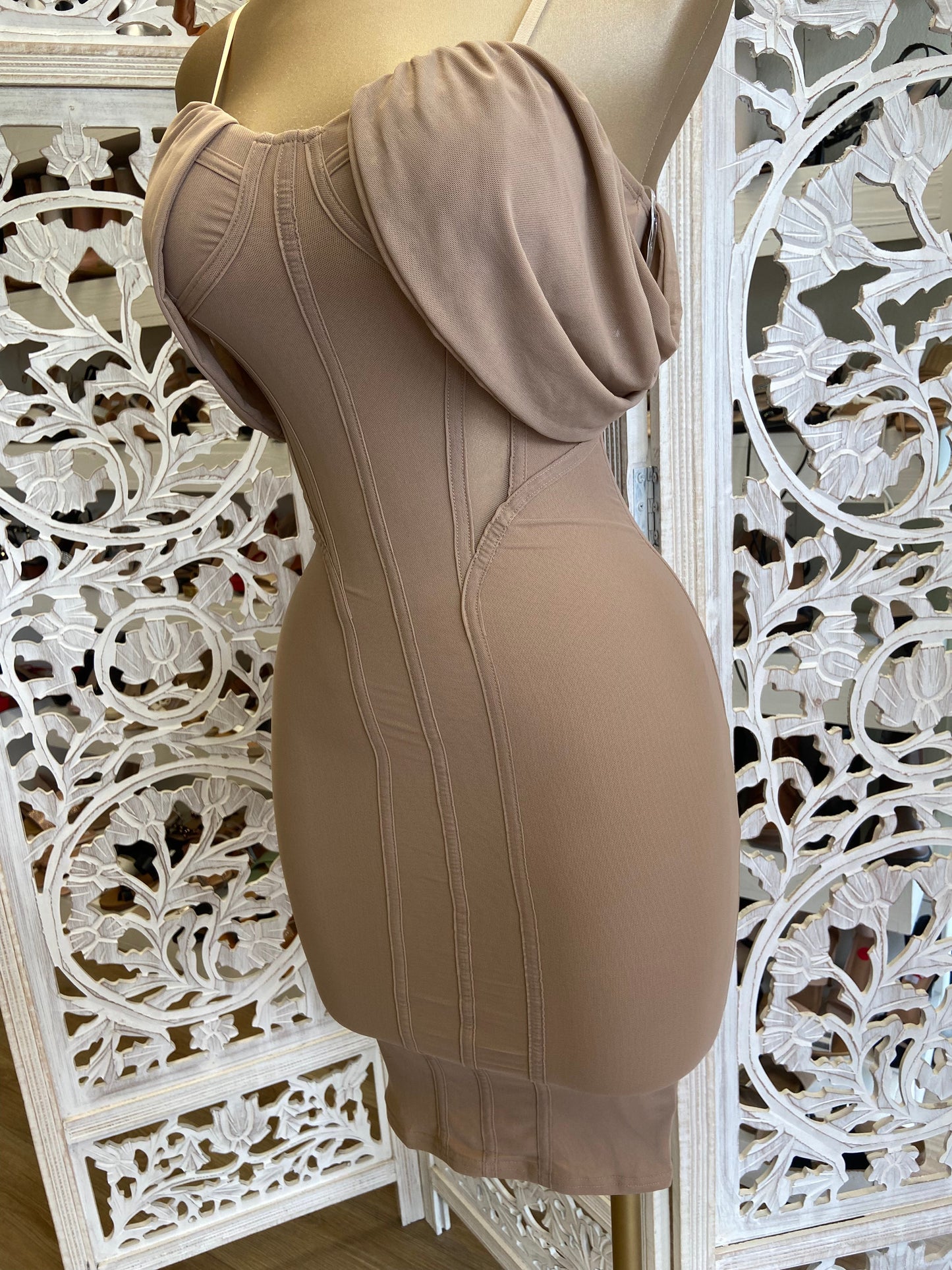 Nude Lined Off Shoulder Dress