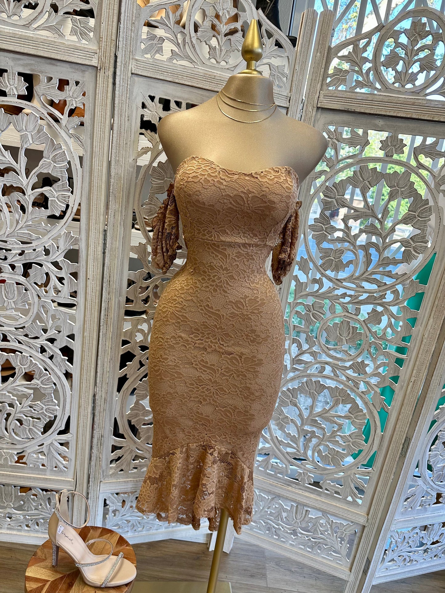 Nude Lace Midi Off Shoulder Dress