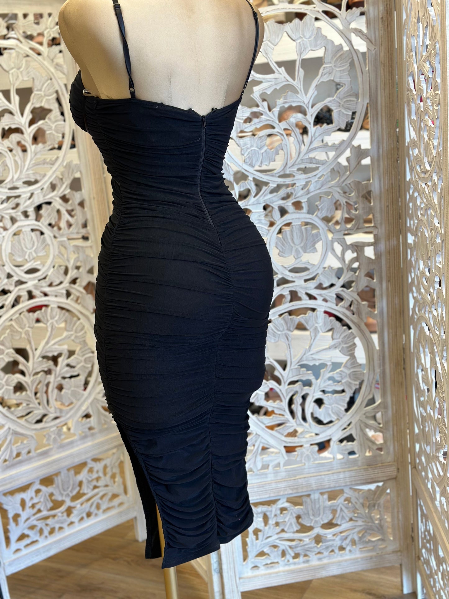 Black Satin Trim Midi Dress