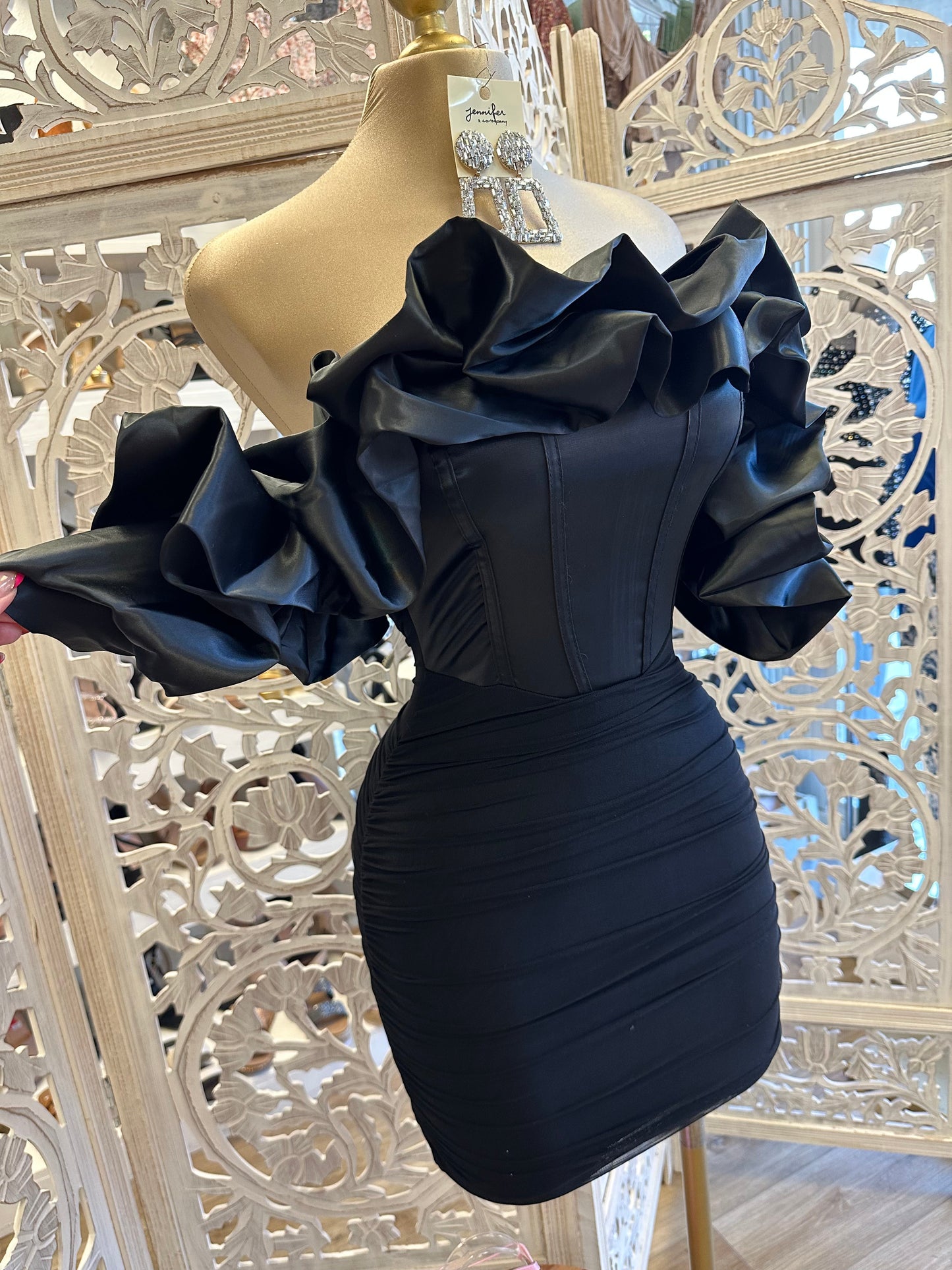 Black Satin Corset Puff Dress