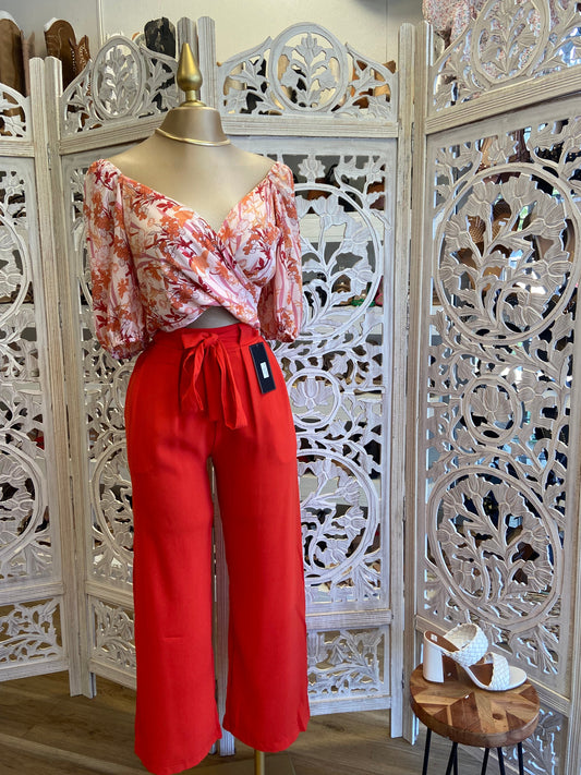 Red Orange Belted Straight Pants