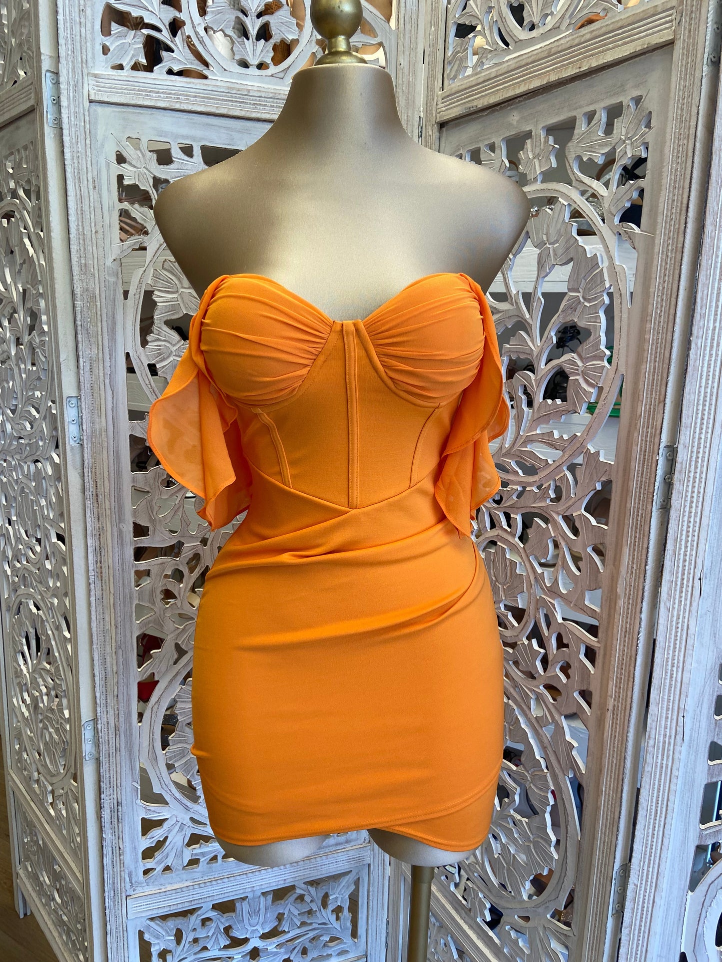 Orange Ruffle Sleeve Mini Dress