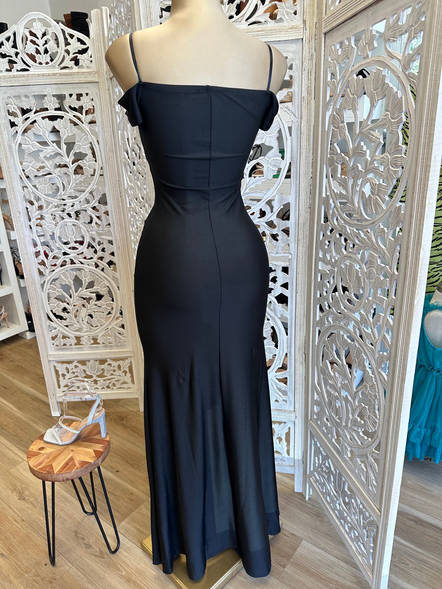 Black Off Shoulder Crossed Formal Dress