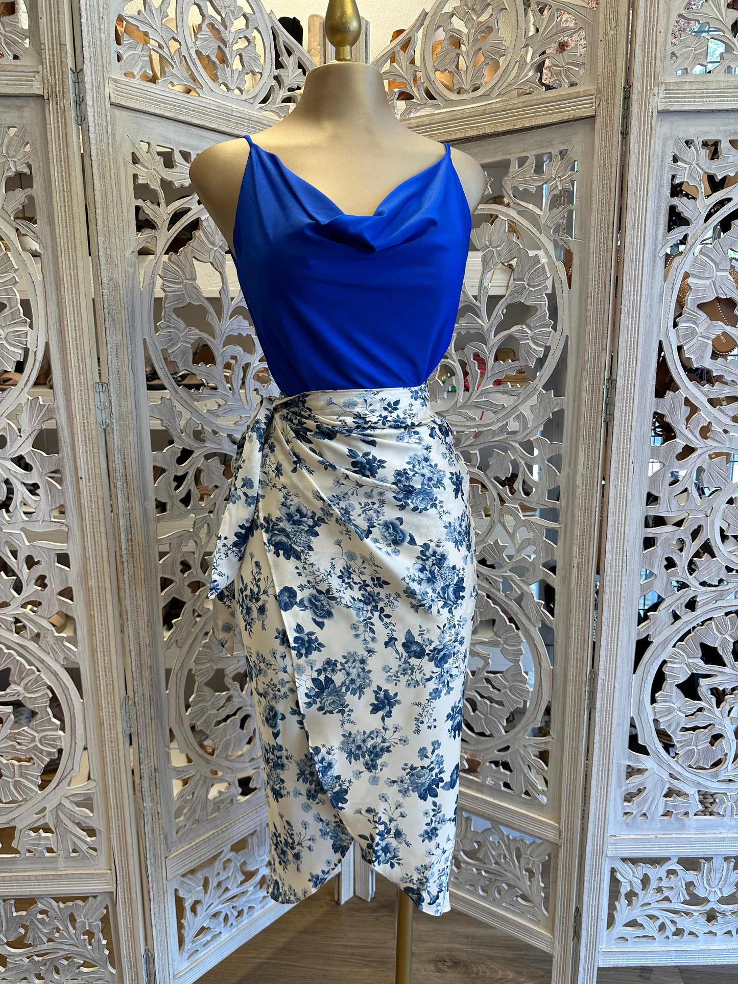 Blue Floral Draped Skirt