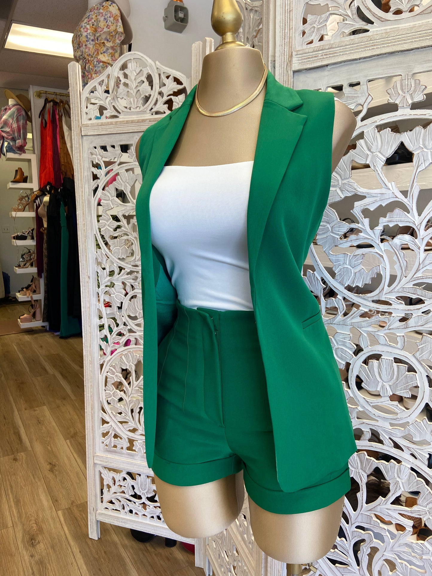 Green Vest Blazer Short Set