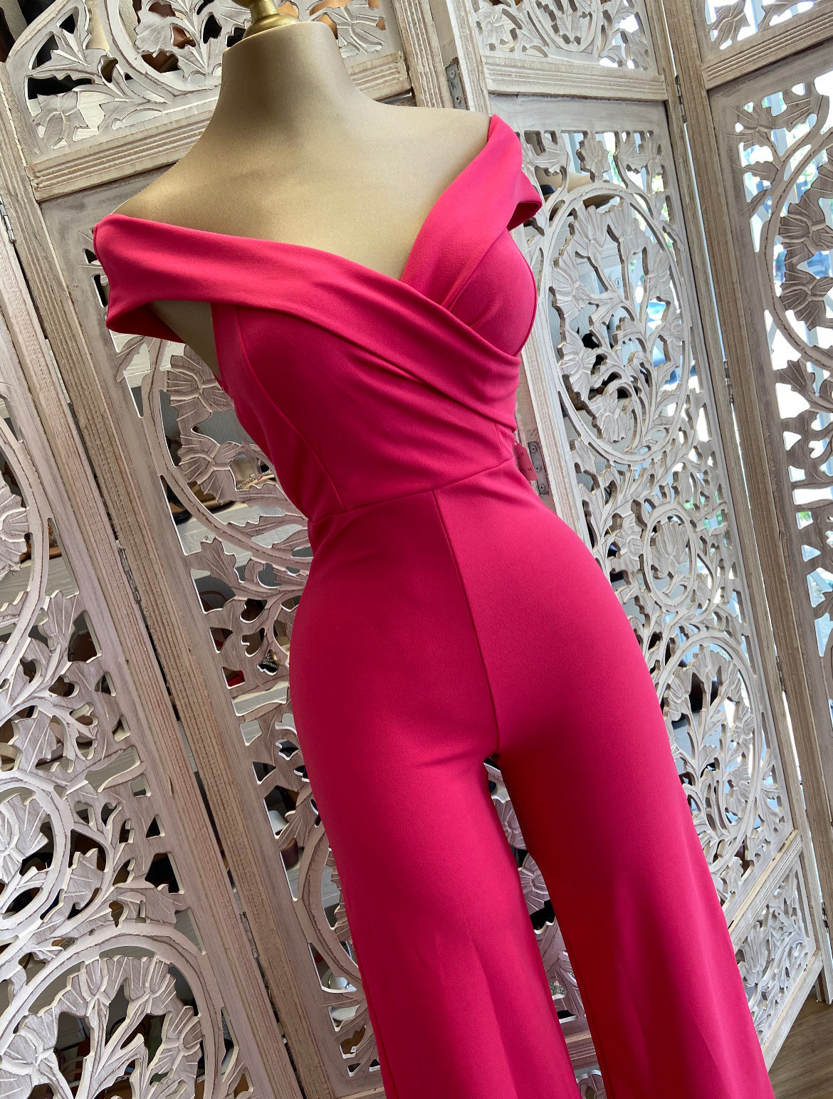 Off Shoulder Hot Pink Jumpsuit