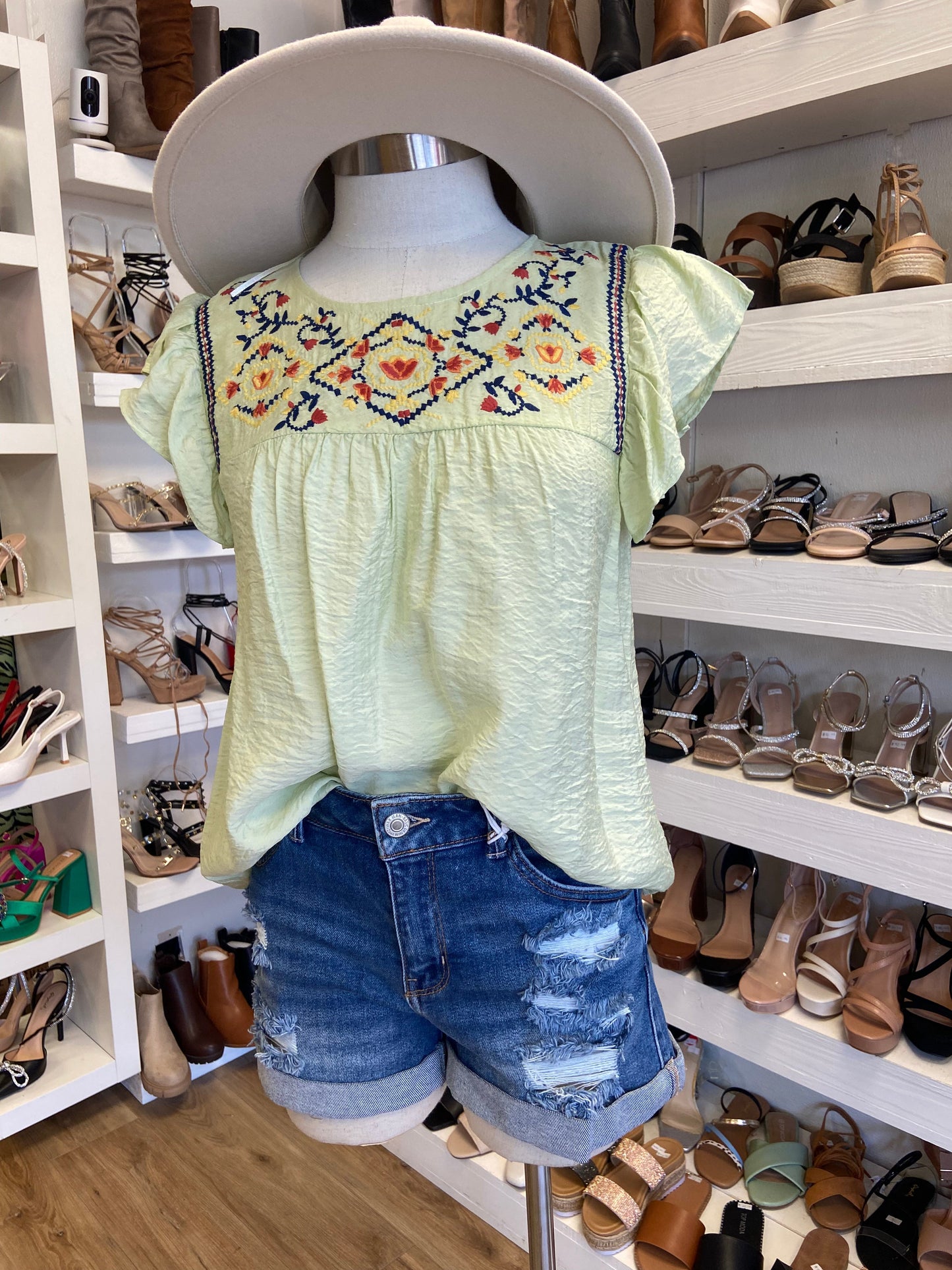 Green Embroidered Short Sleeve Top