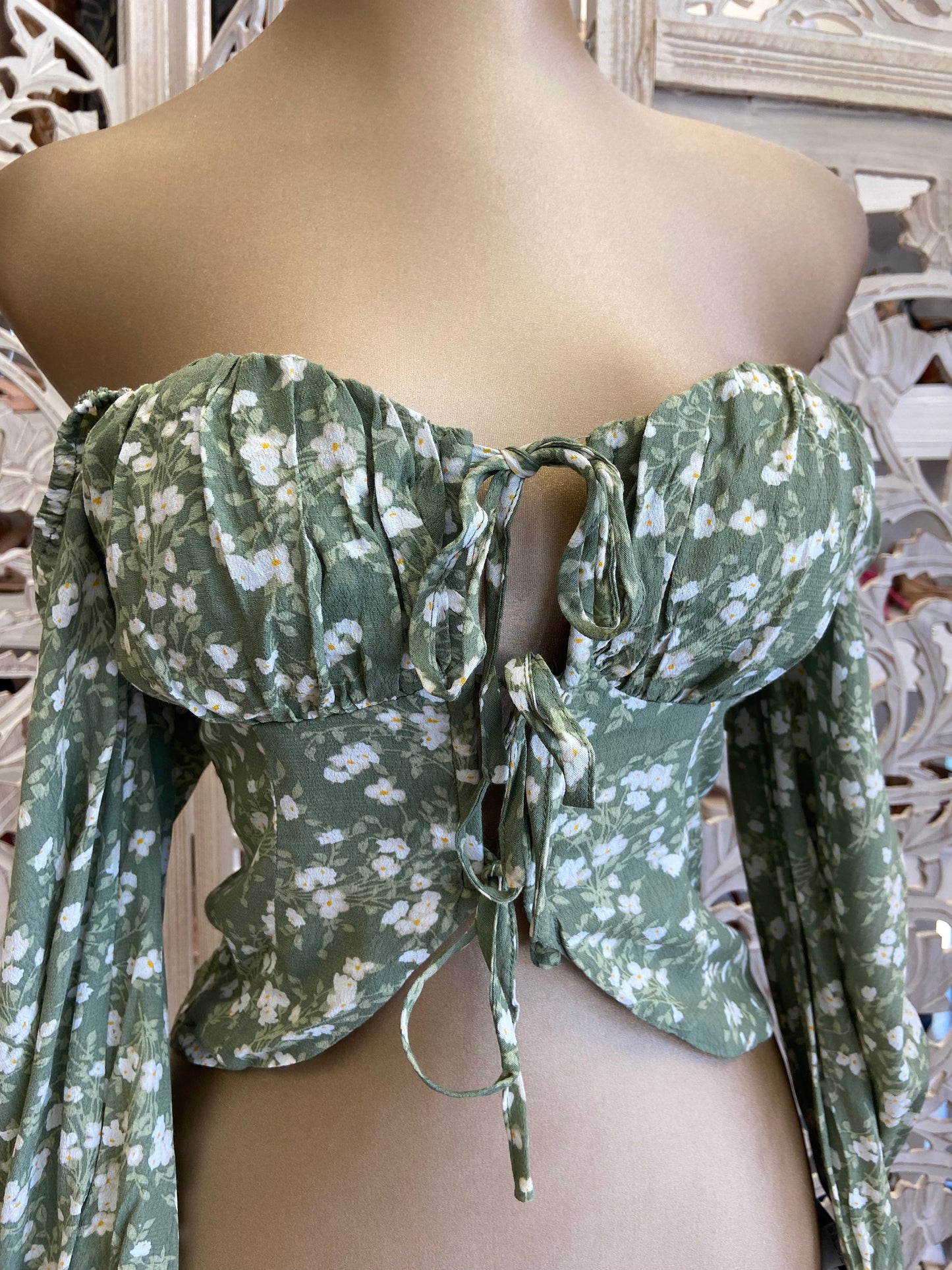 Green Floral Tie Up Top