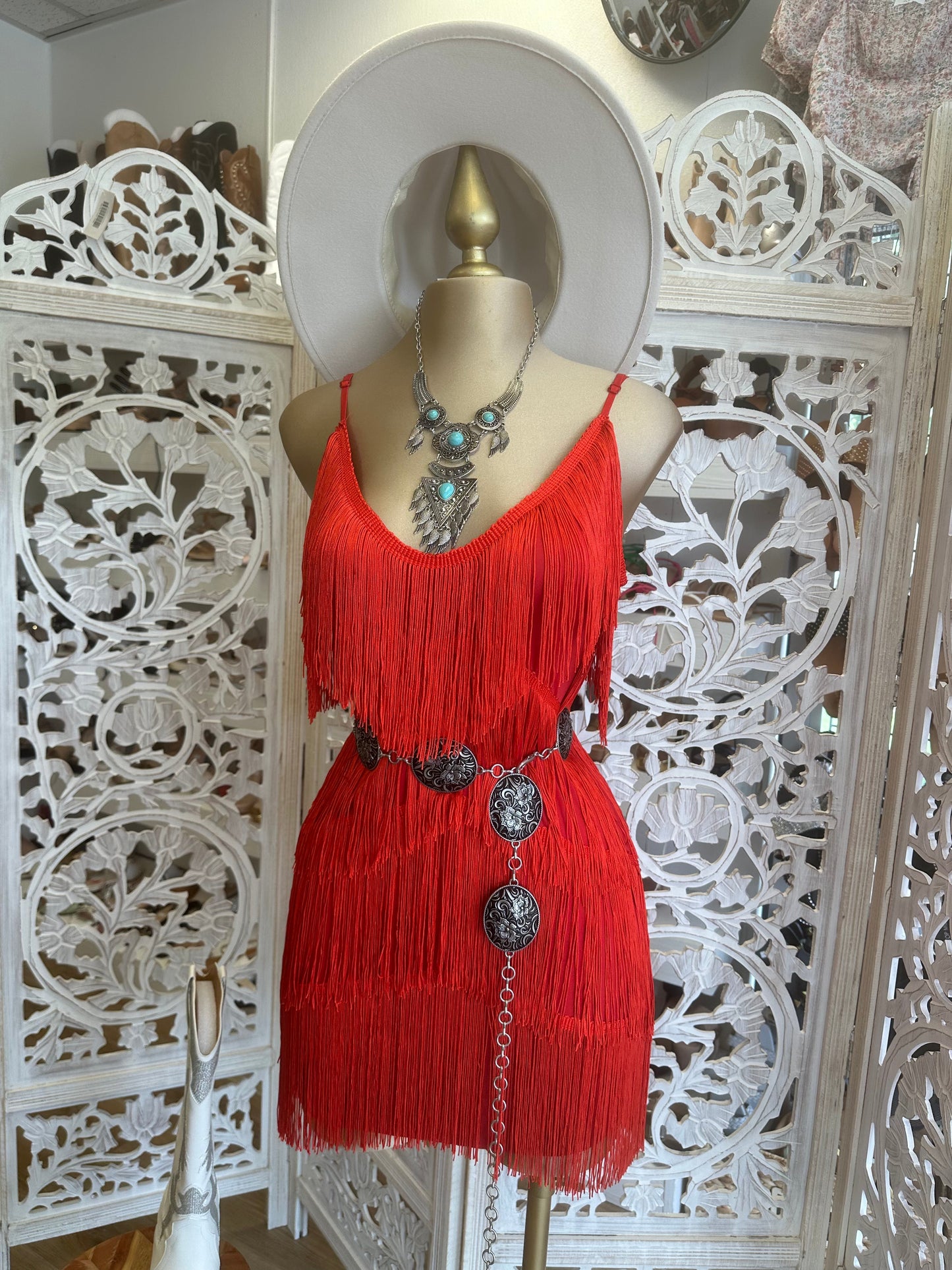 Red Strappy Fringe Dress