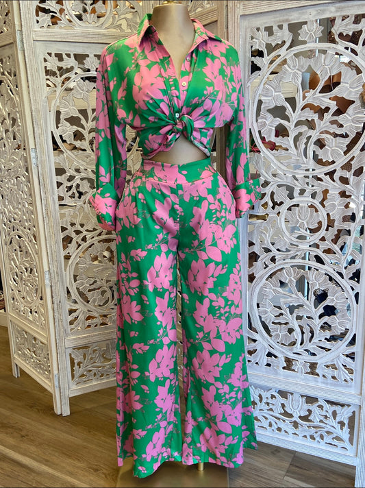 Satin Floral Pink and Green Set