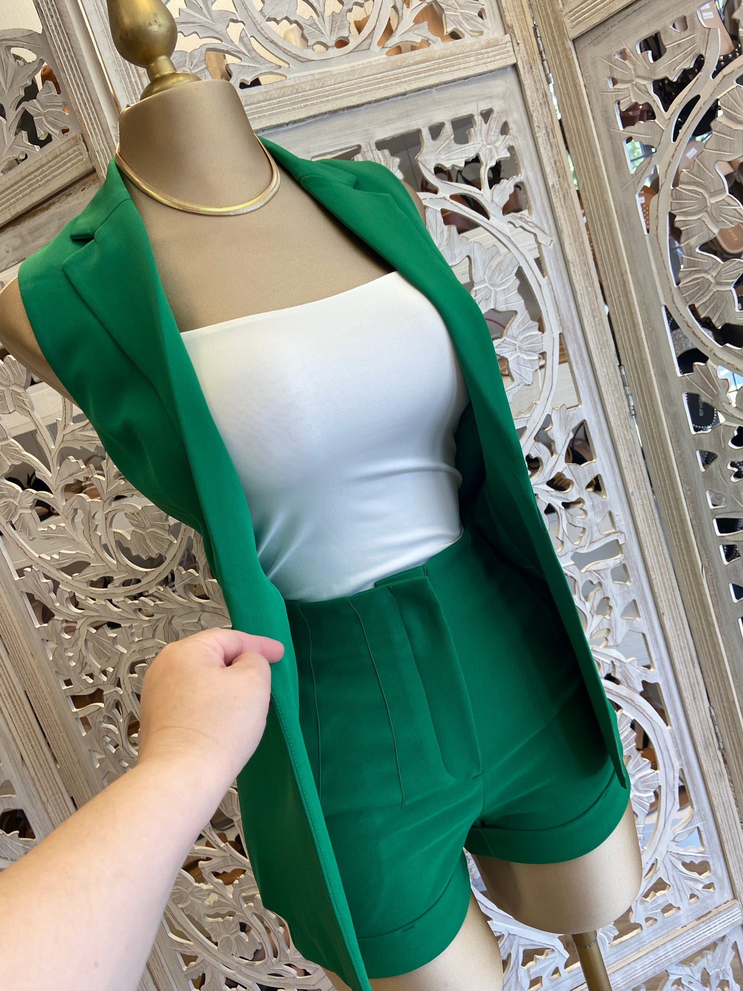 Green Vest Blazer Short Set